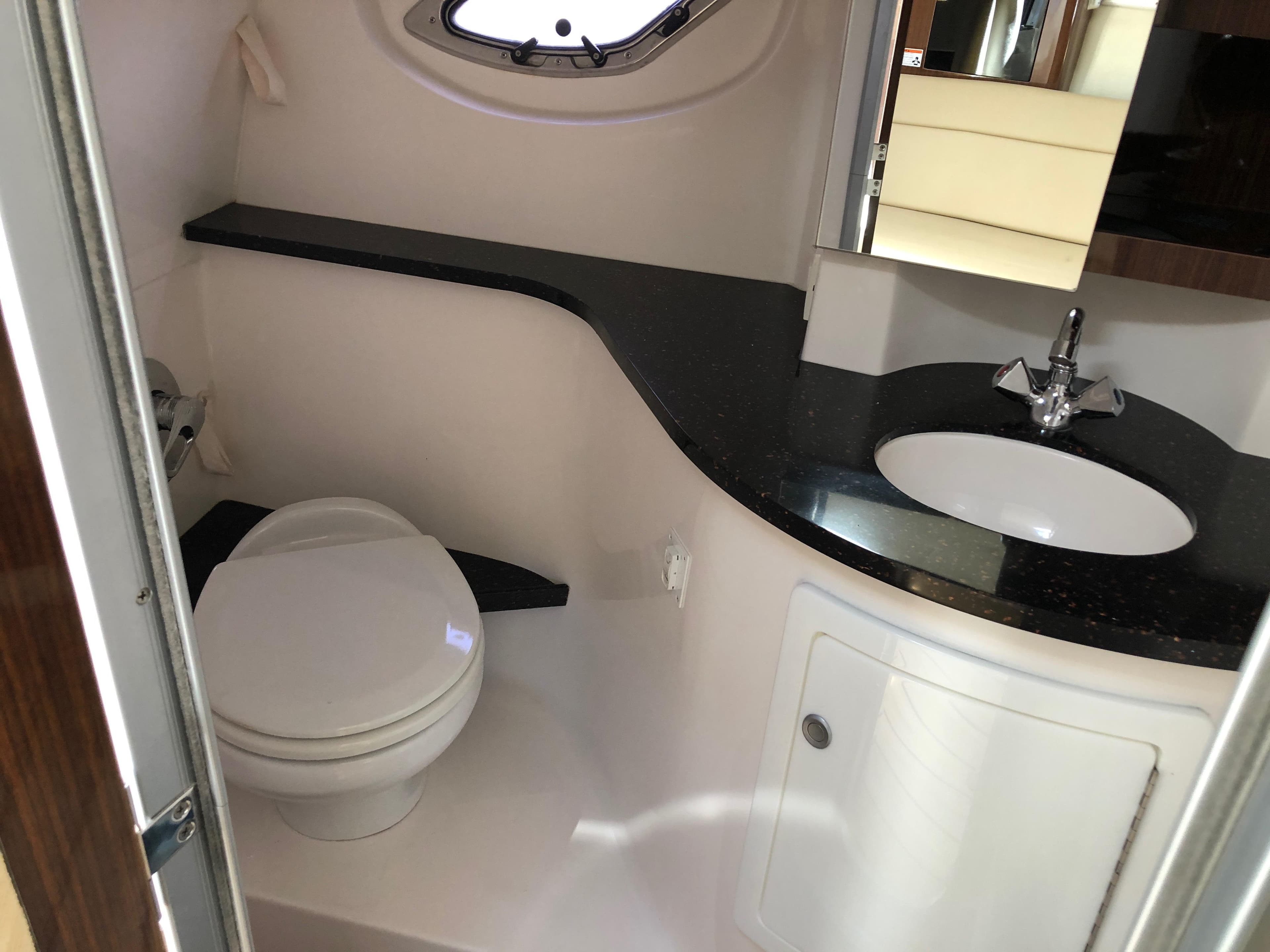 Bathroom interior of 2013 Regal 35 Sport Coupe with sink and toilet.