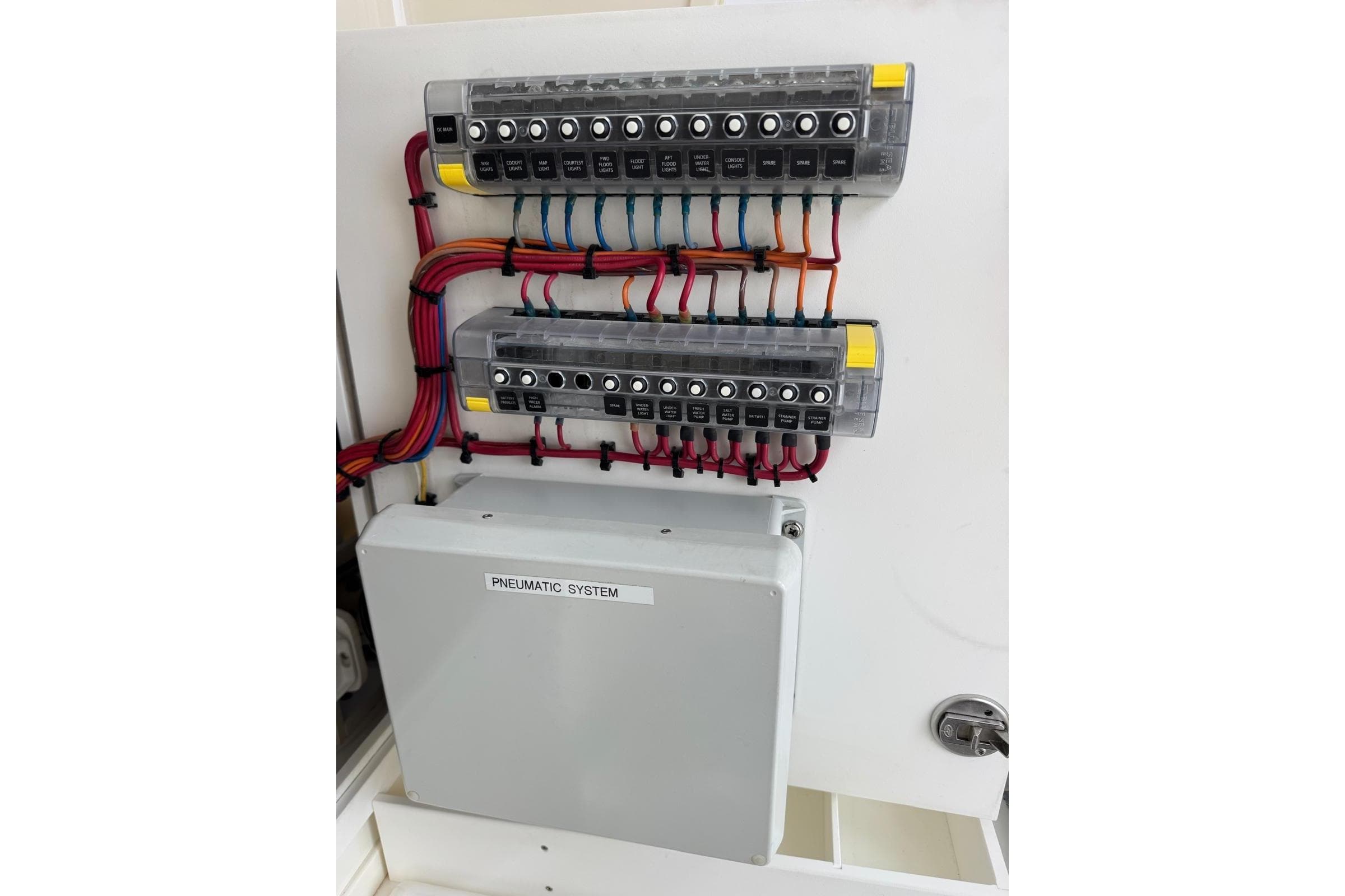 Electrical panel of 2022 SeaVee 390Z boat with labeled pneumatic system.