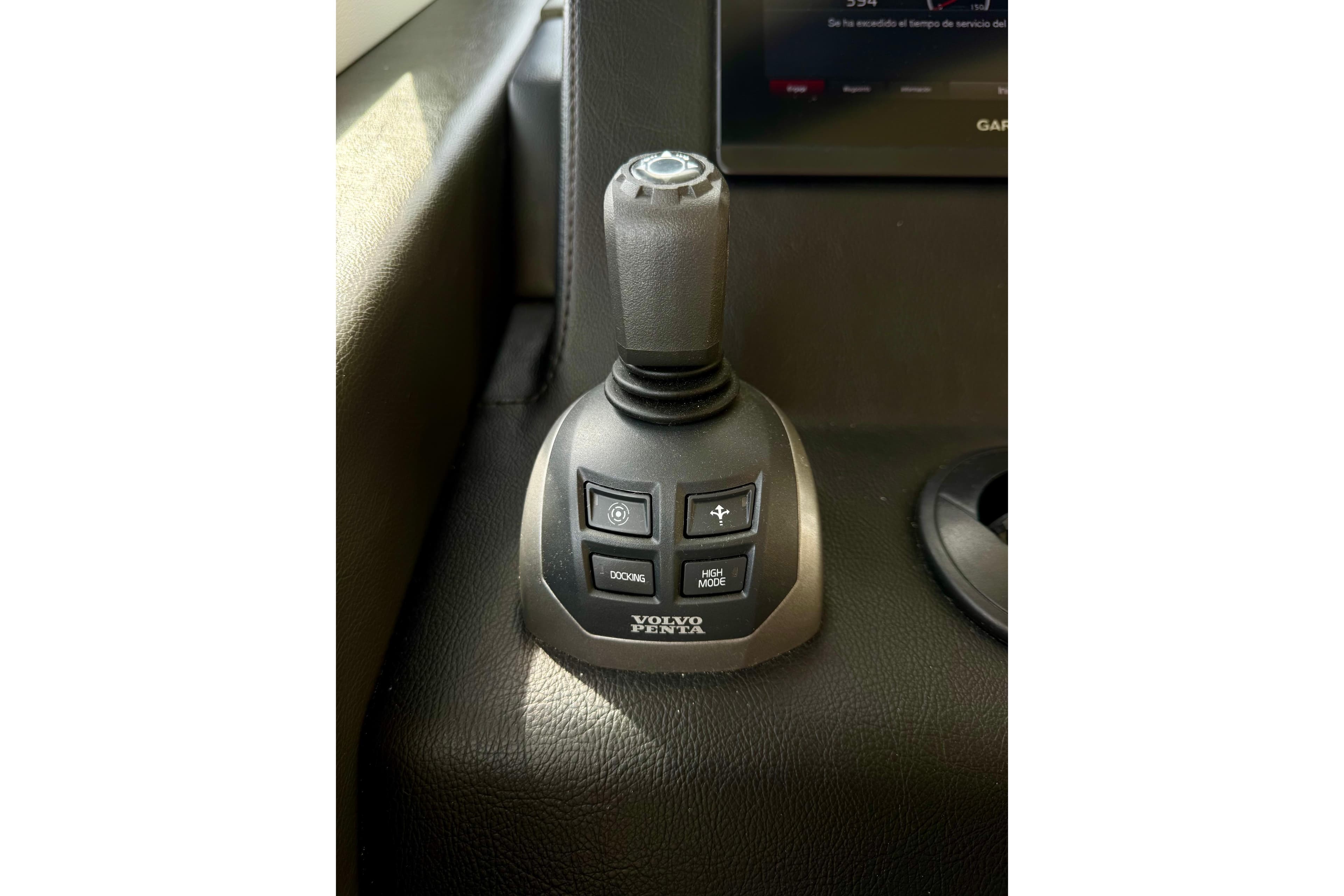 Volvo Penta joystick control on 2019 Riviera 39 Sports Motor Yacht dashboard.