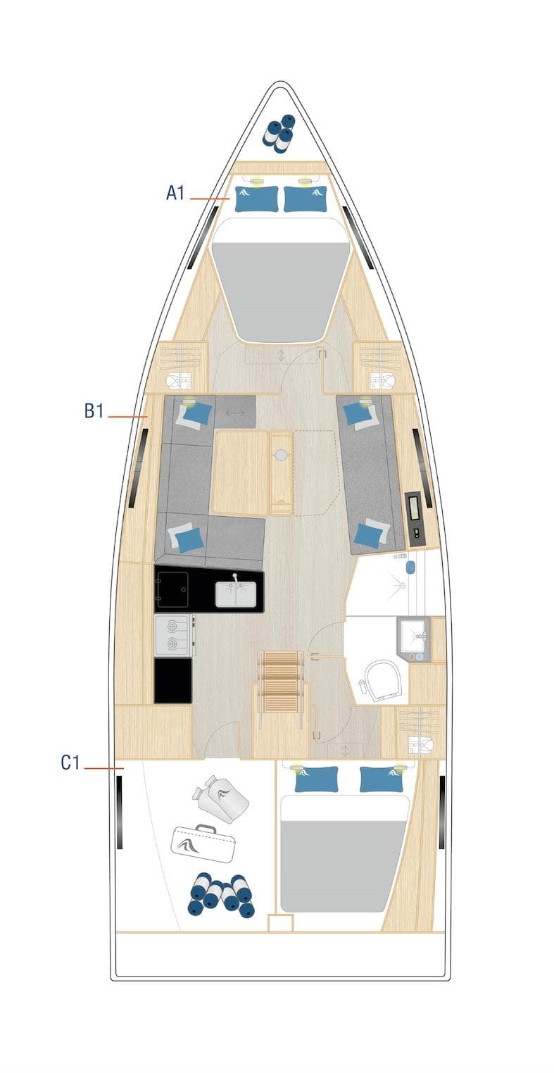 2025 Hanse 360 yacht interior layout with cabins, kitchen, and seating areas.