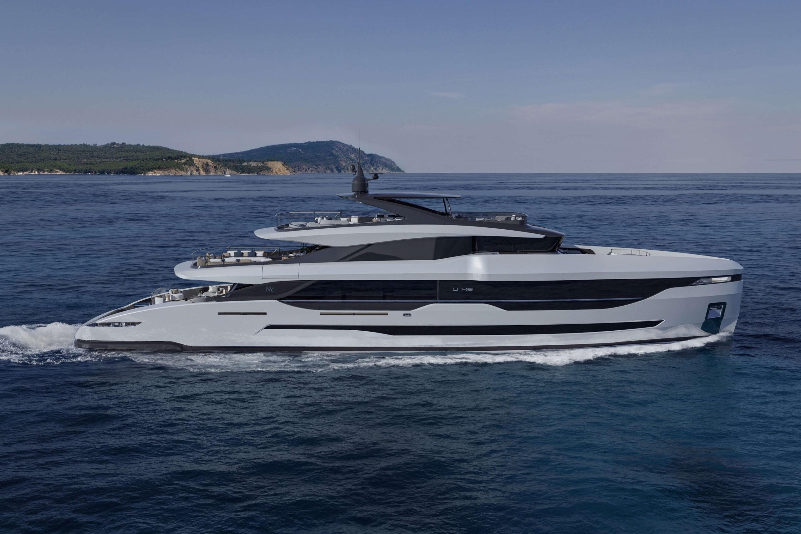 Luxurious 2027 ISA Unica 45m Steel yacht cruising on serene blue waters.