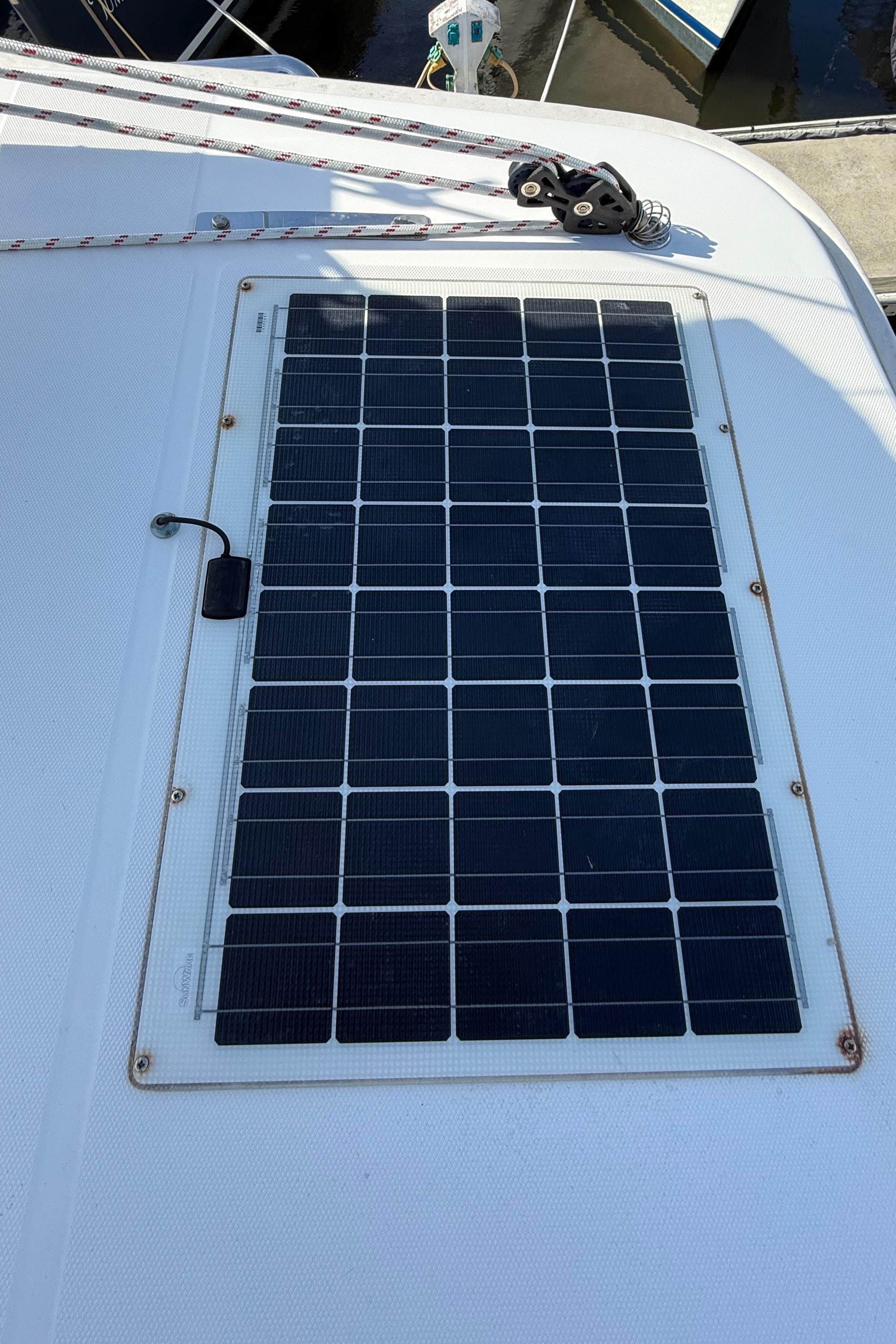 Solar panel on 2013 Leopard 44 yacht deck, harnessing renewable energy.
