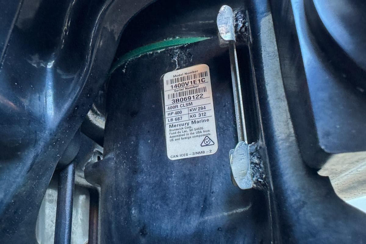 Close-up of a Mercury Marine engine label on a 2022 Velocity 290sc boat.