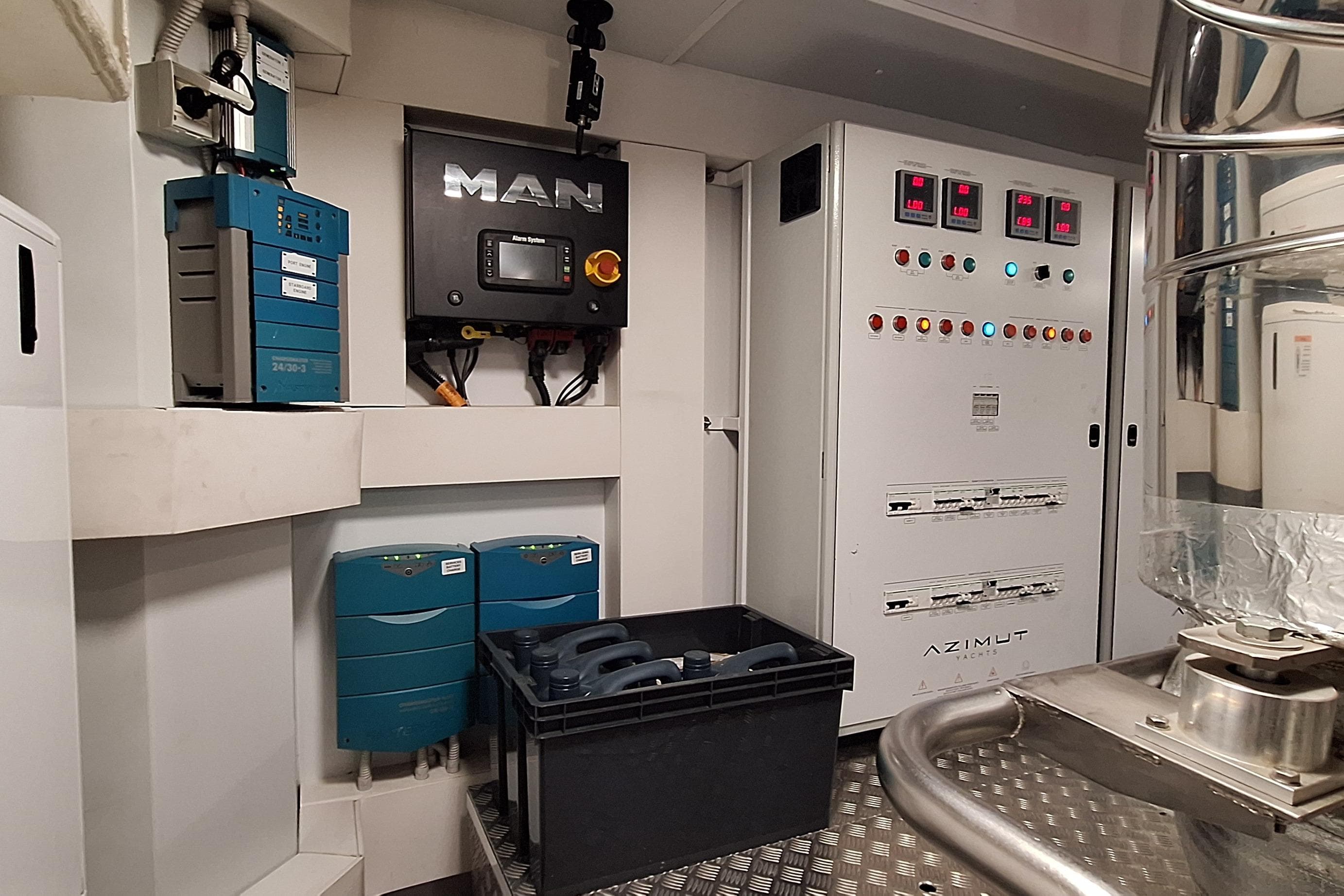 Engine room of 2022 Azimut Magellano 25M yacht with control panels and equipment.
