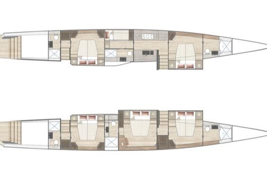 Floor plan of 2023 McConaghy MC75 yacht, showcasing cabin and interior layout.