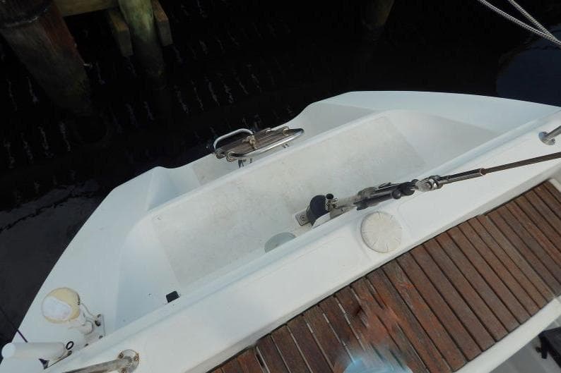 Cockpit view of a 1997 Etap 38i sailboat with wooden deck details.