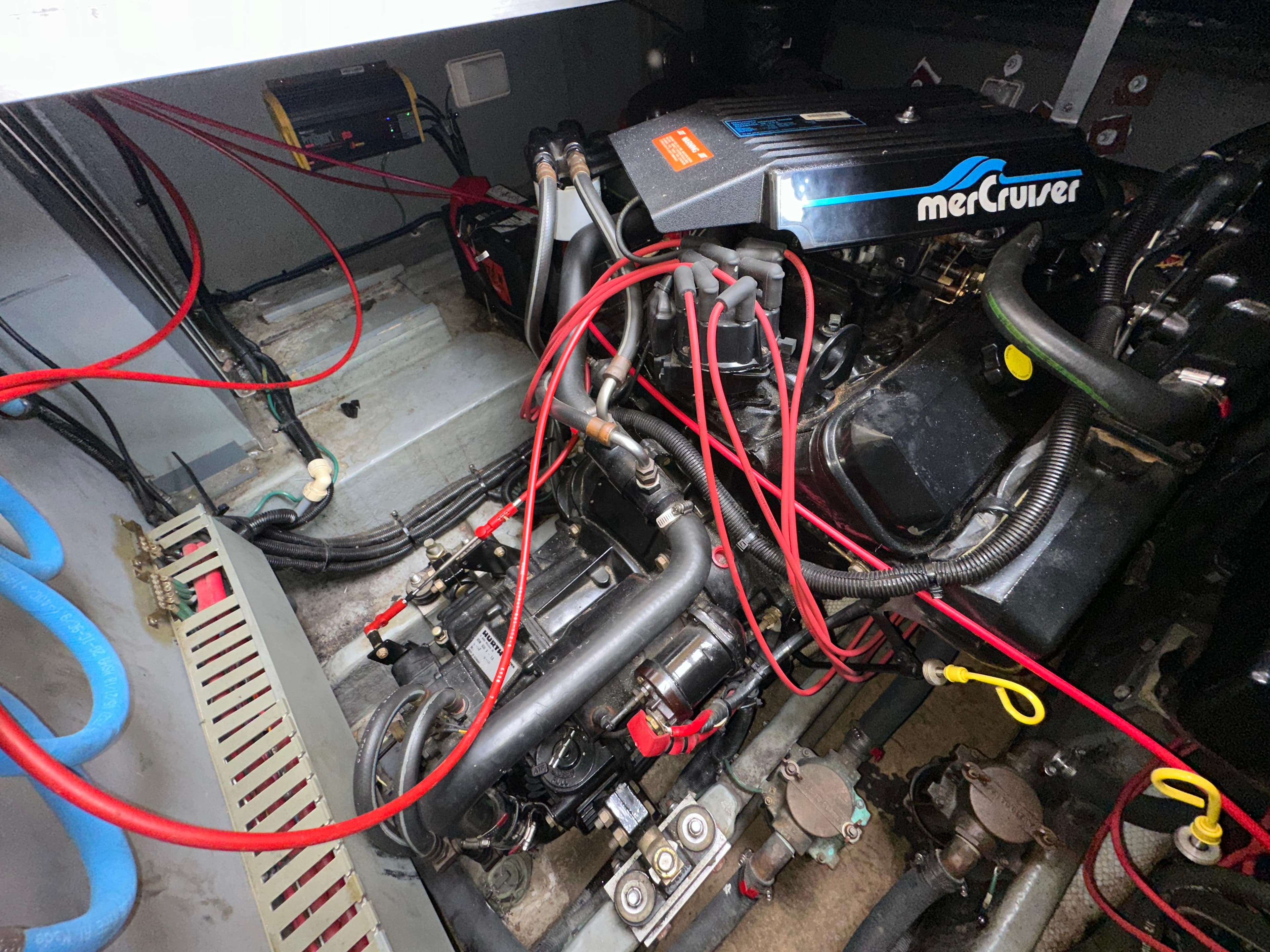 Engine compartment of a 1994 Sea Ray 370 Sundancer with MerCruiser components.