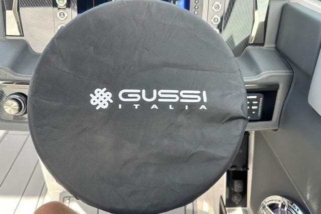 Steering wheel cover with "Gussi Italia" logo on 2026 Chaparral 6 SSX boat.