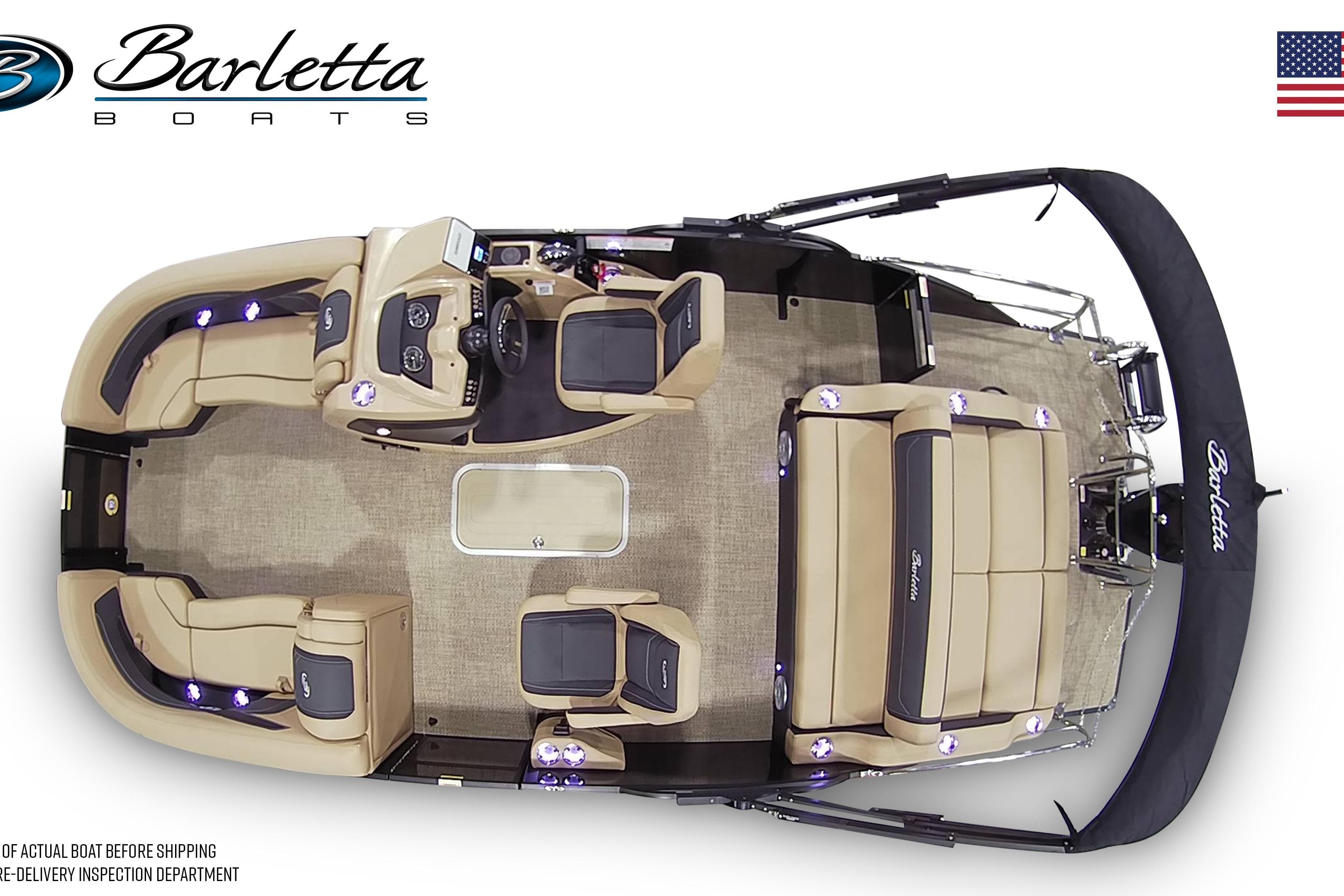 2026 Barletta Cabrio 22UC pontoon boat, top view, showcasing spacious seating and modern design.