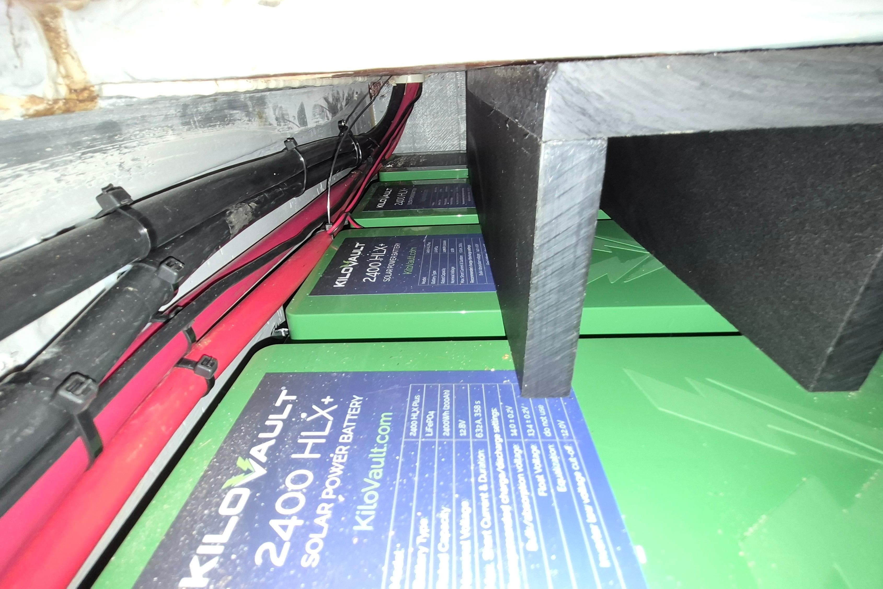 Kilovault 2400 HLX+ solar batteries installed in a 2006 Endeavour 44 TrawlerCat.
