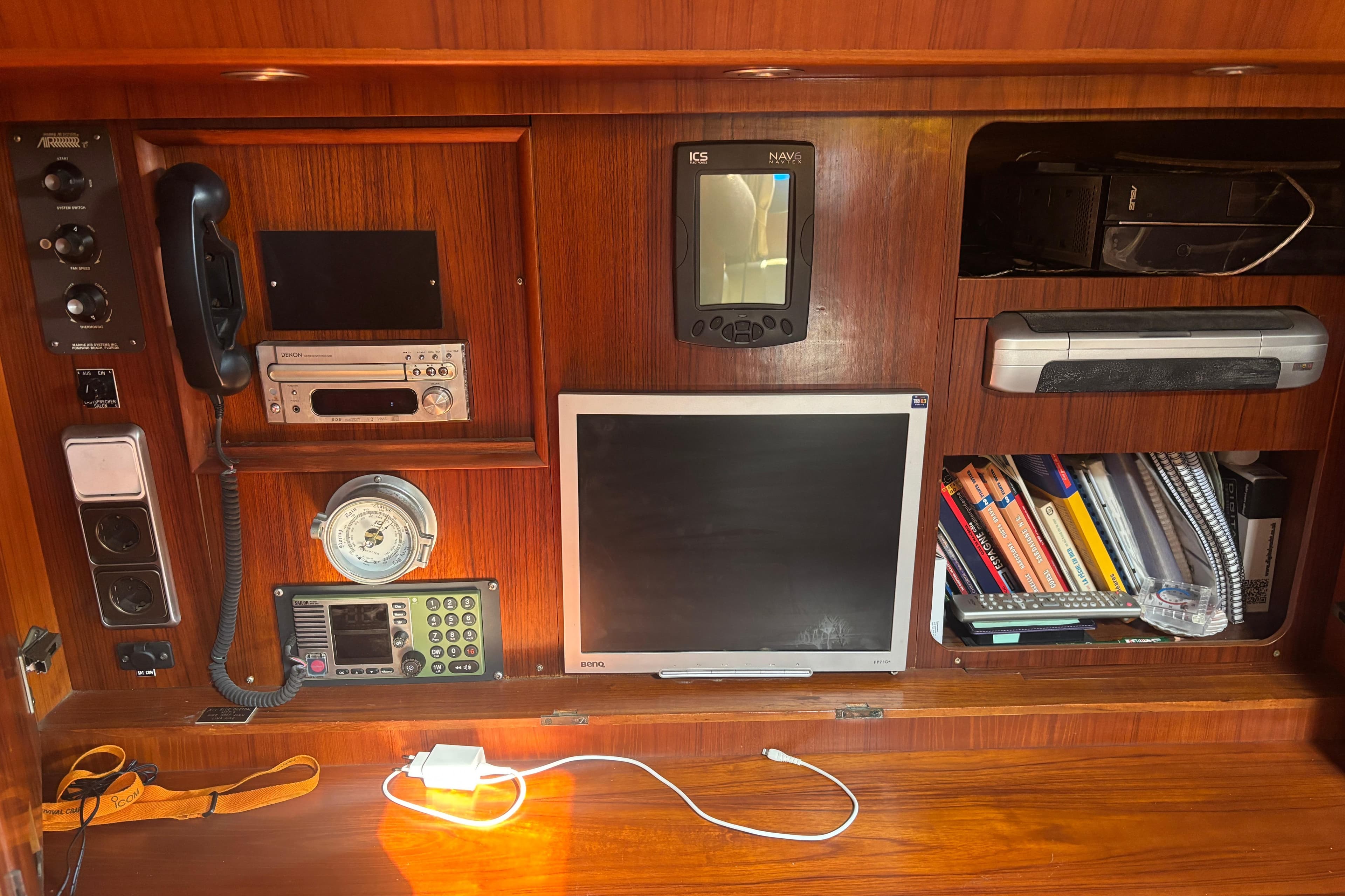 Control panel of a 1988 Jongert yacht with navigation and communication equipment.