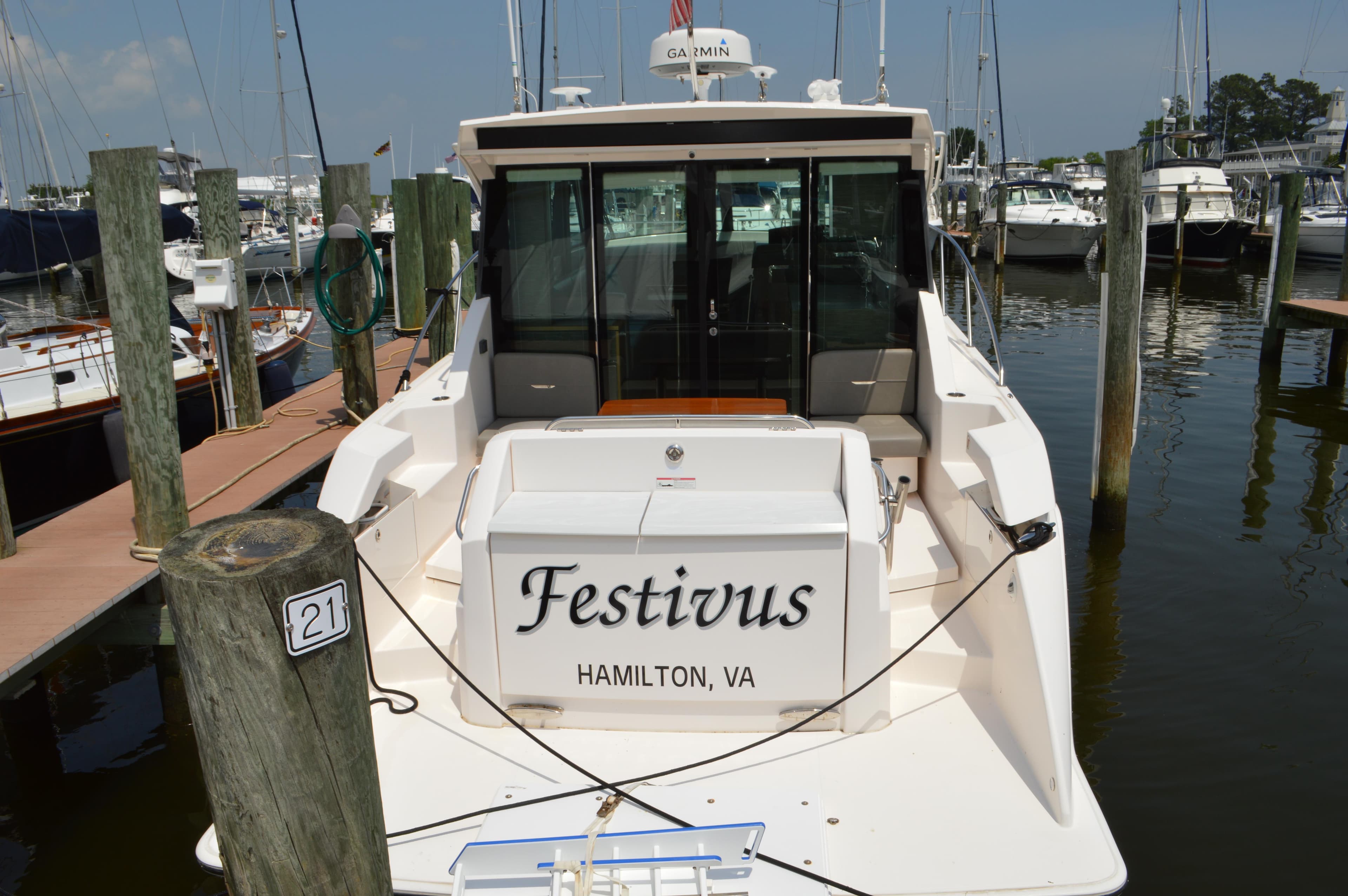 2019 Tiara Yachts C39 Coupe named Festivus docked in a marina, Hamilton, VA.