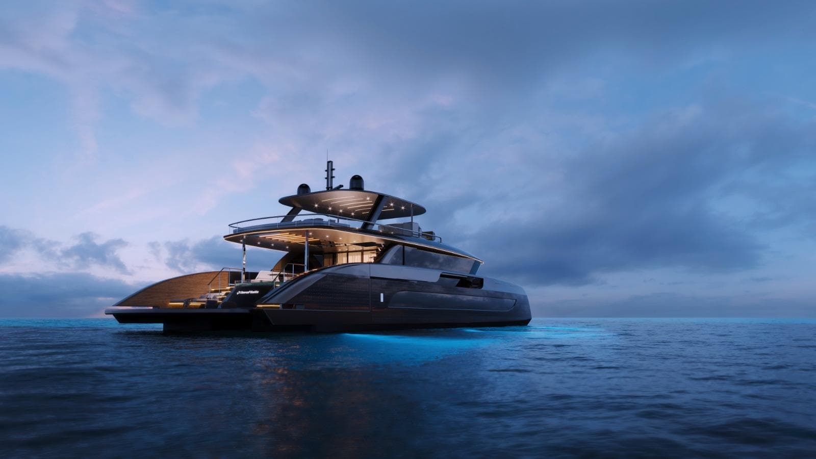 Futuristic Sunreef Ultima 88 yacht on serene ocean at dusk, 2027 model.