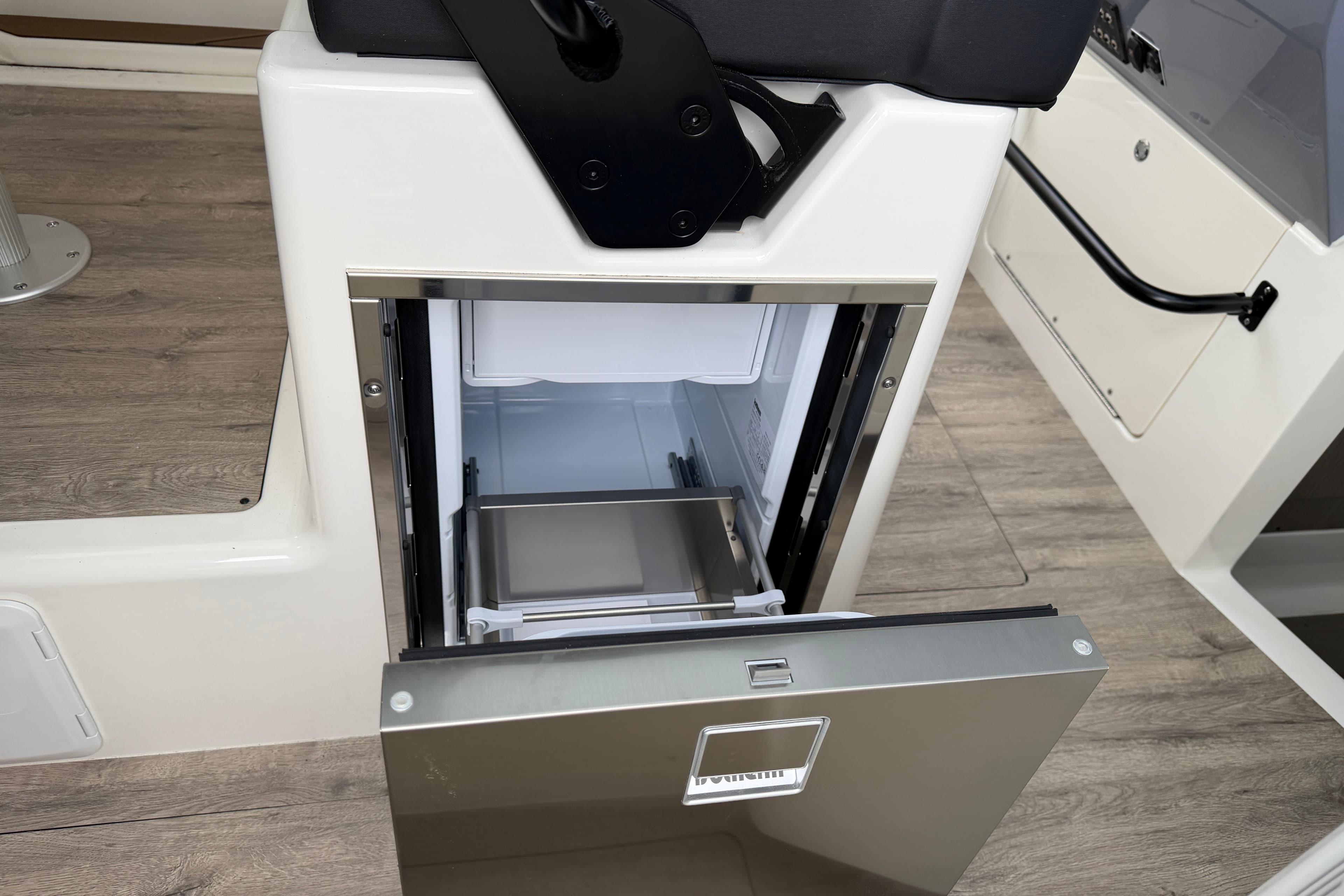 Open drawer refrigerator in 2026 Navan C30 boat interior.