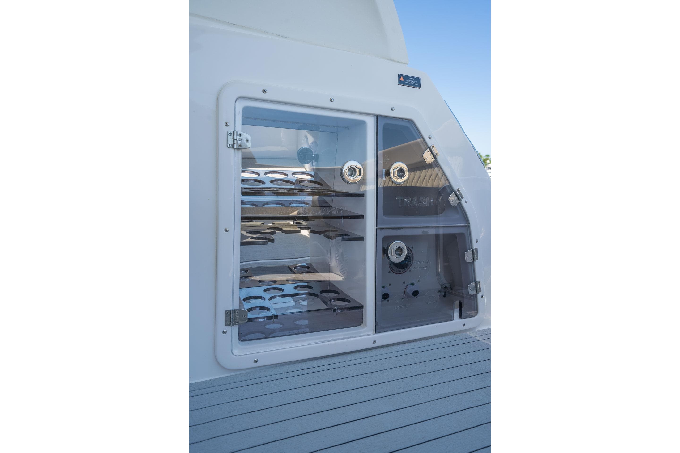 Hanover 375 yacht storage compartment, 2026 model, featuring sleek design and modern functionality.
