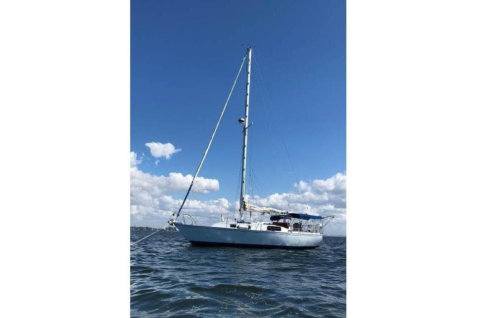 Sailboat on open water under blue sky, Morgan 321, 1979 model.