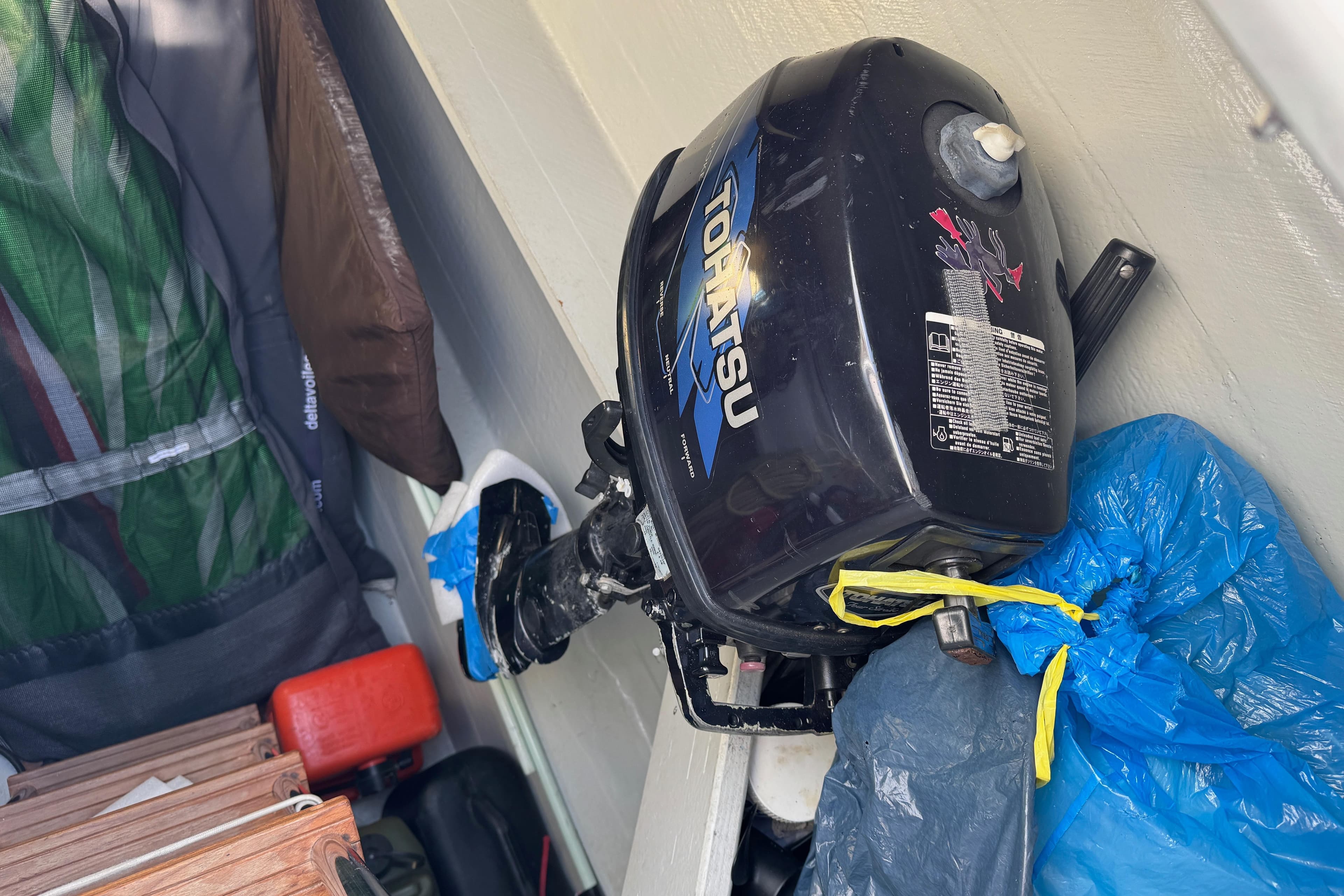 Tohatsu outboard motor stored on 2017 Outremer 5X sailboat.