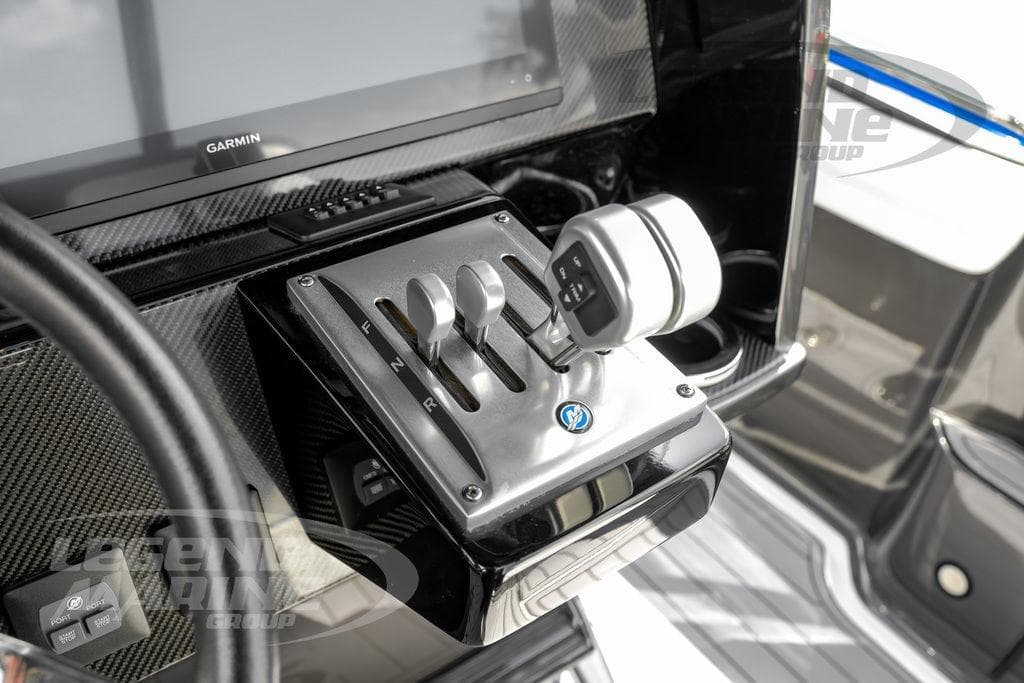 Control panel of 2023 Nor-Tech 390 Sport Center Console with Garmin display.
