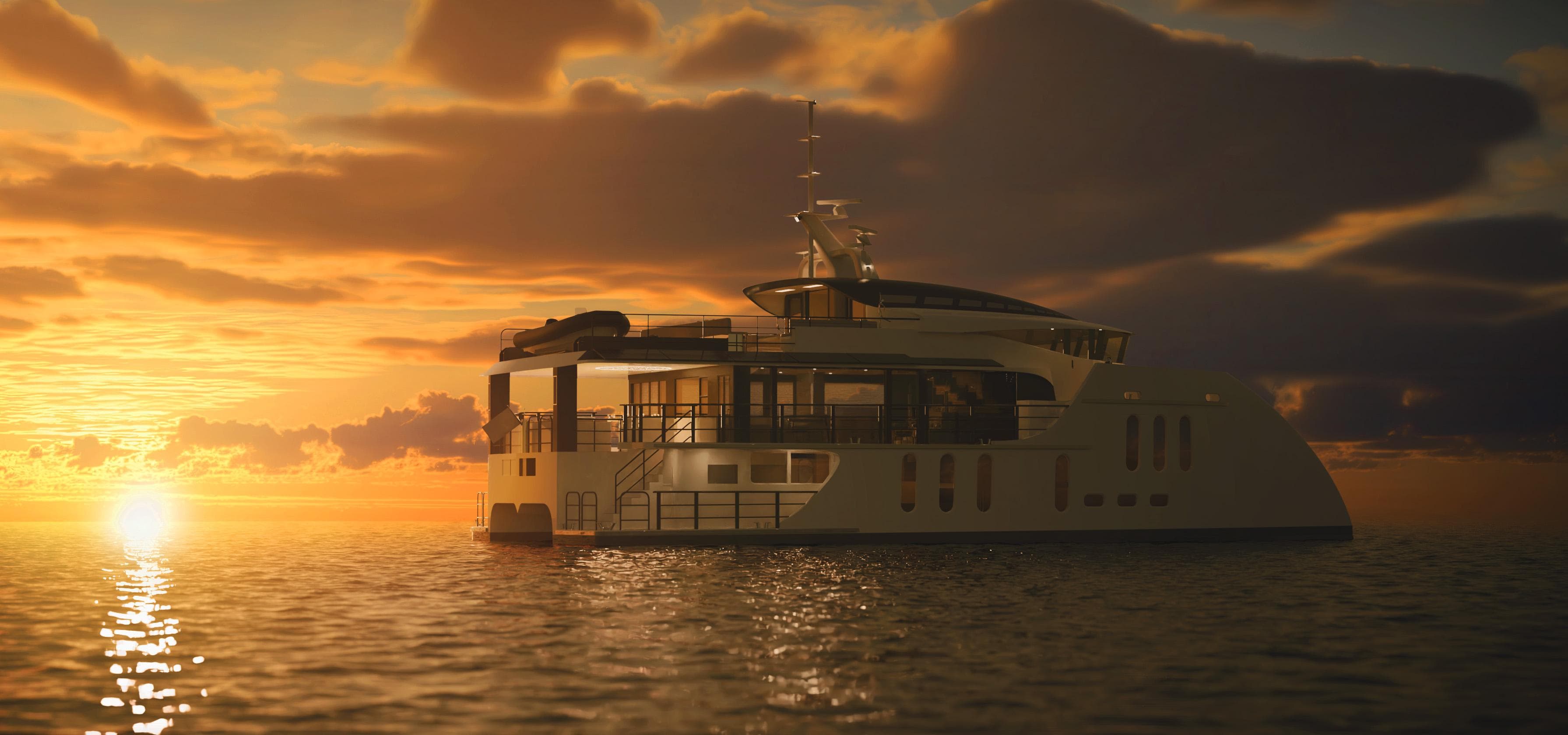 Luxurious 2026 Deo Juvante C24 yacht cruising at sunset on tranquil waters.