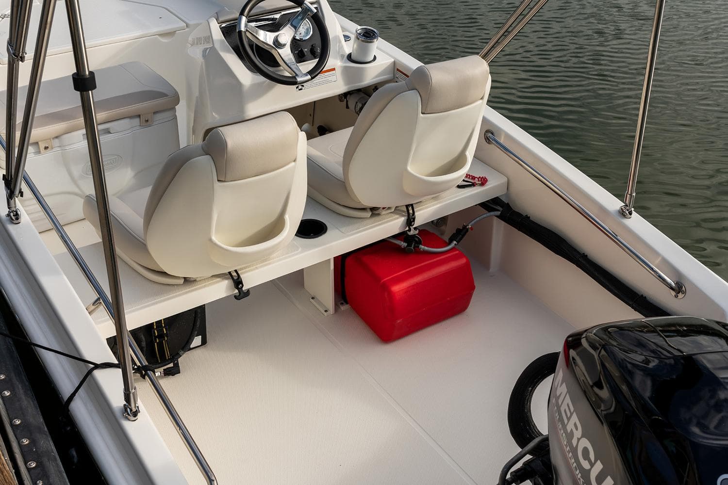 Manufacturer Provided Image: 2025 Boston Whaler 130 Super Sport interior with dual seats and Mercury engine.