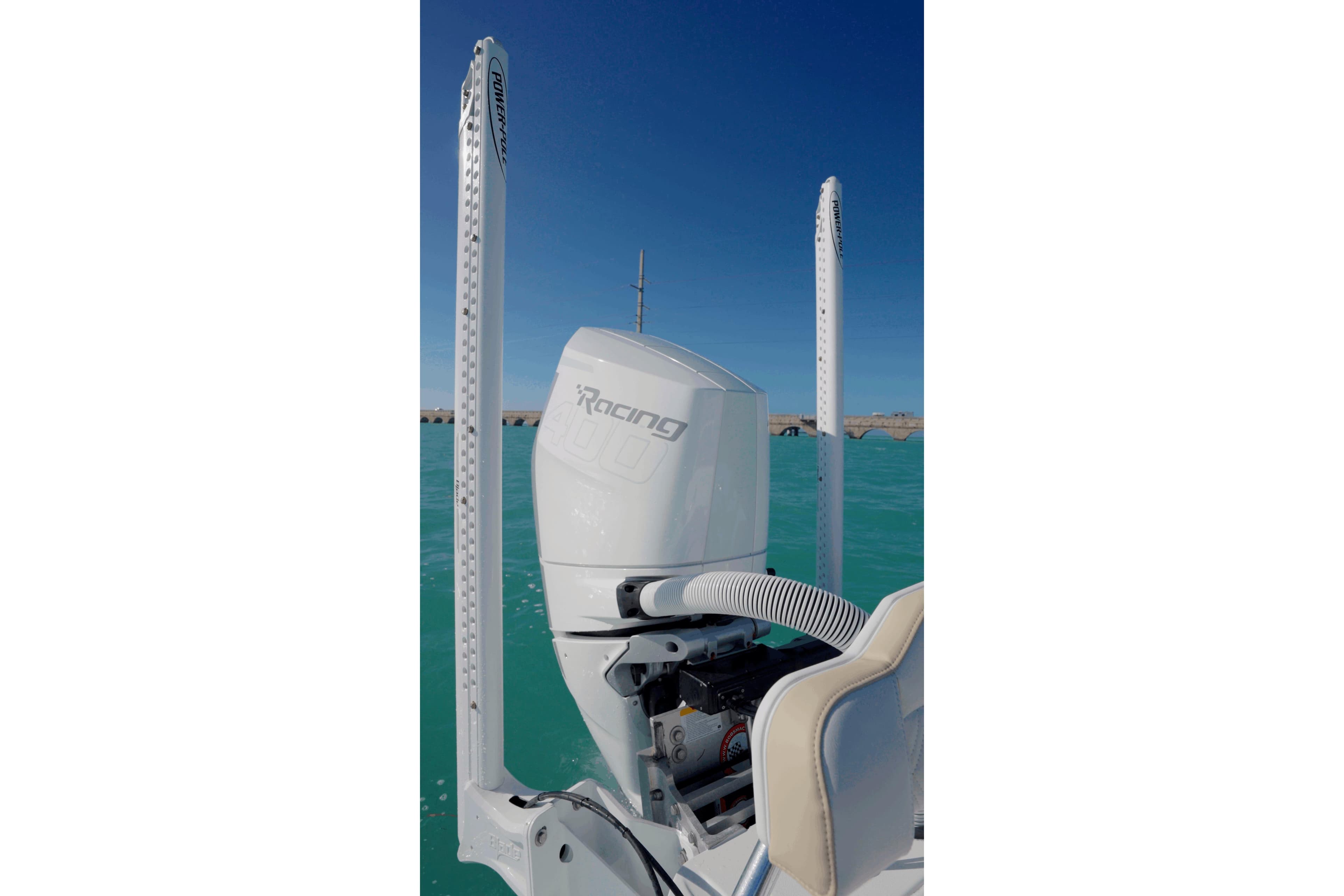 2026 Broadwater Boatworks 25 Bay Cat with powerful outboard engine.