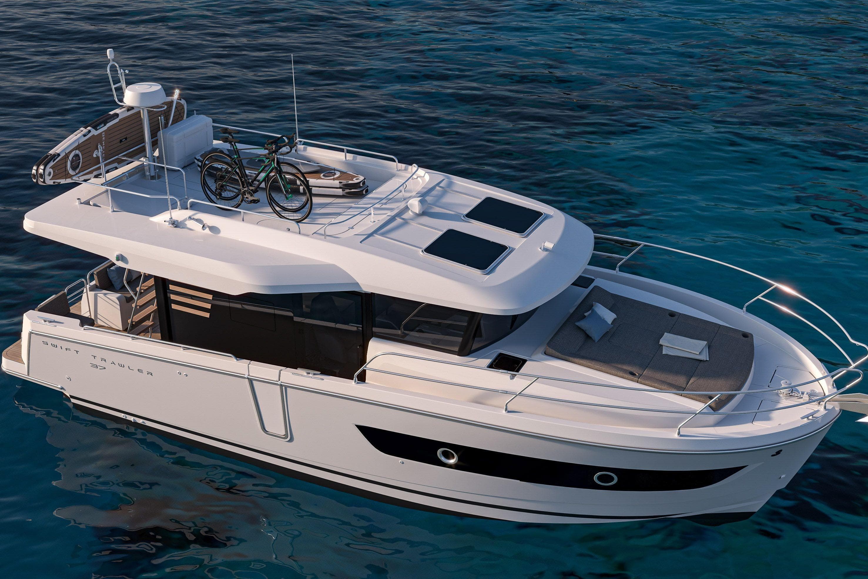 2026 Beneteau Swift Trawler 37 Sedan on serene blue water, featuring rooftop bicycles.
