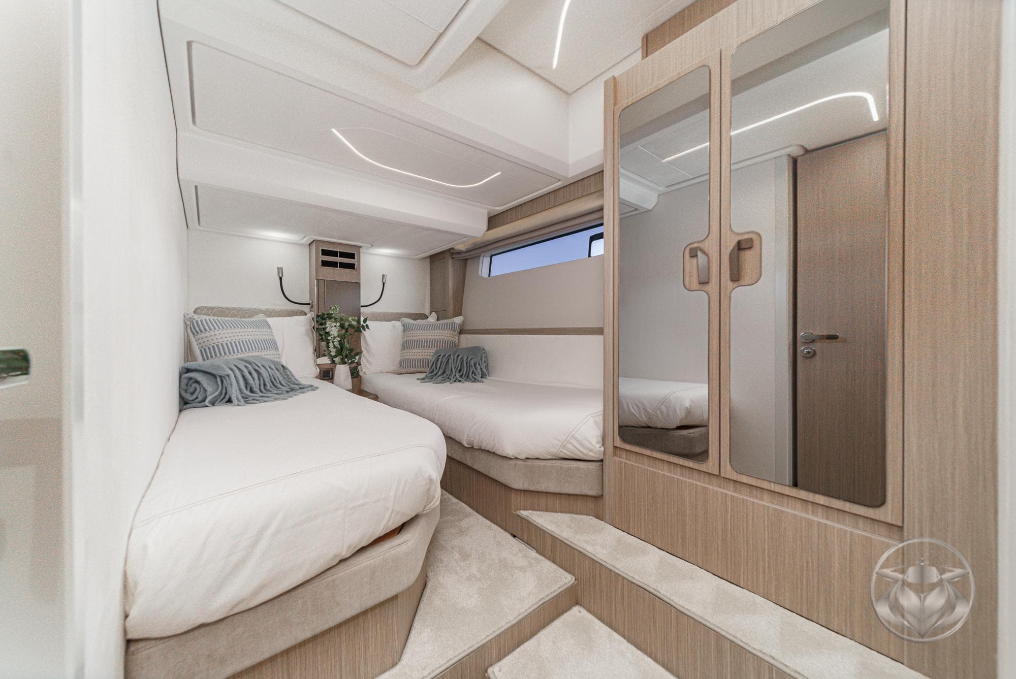 Luxurious interior of 2025 Prestige F4.9 yacht with twin beds and modern decor.