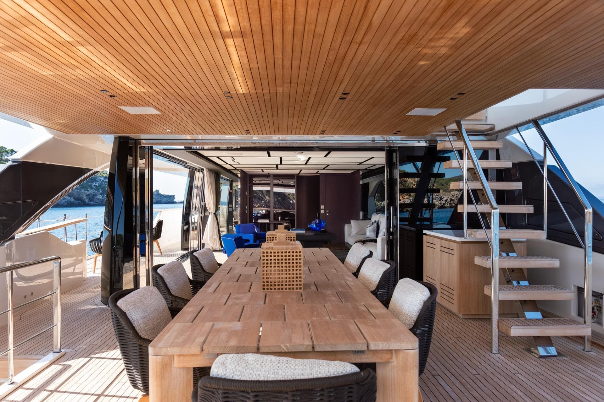 Luxurious Sanlorenzo SD118 yacht interior with elegant dining area and modern design, 2025 model.