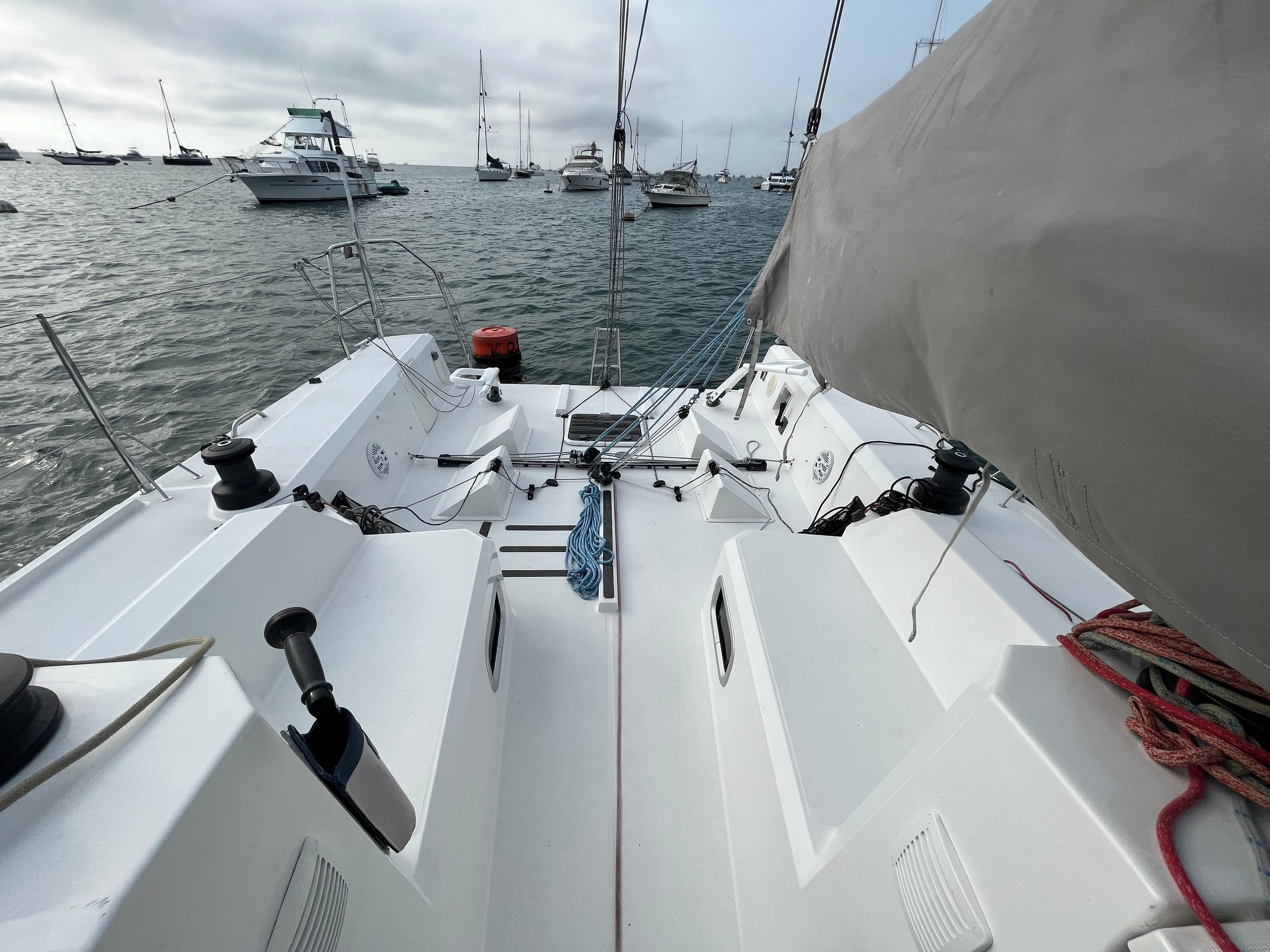 Jeanneau Sun Fast 3600 sailboat cockpit, 2013 model, anchored in a marina.