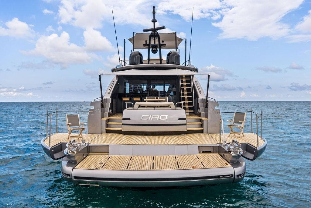 Luxury Pershing GTX 80 yacht, 2025 model, with spacious deck on open sea.