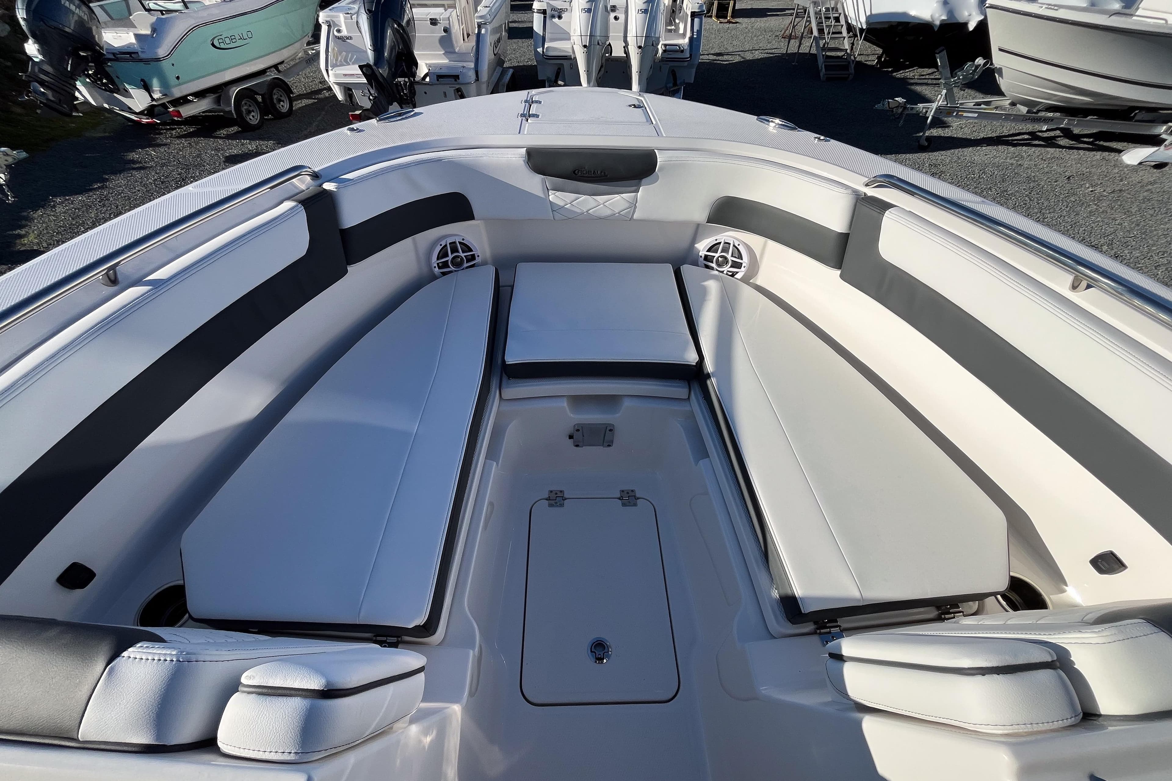 2026 Robalo R257 Dual Console boat interior with spacious seating and storage.