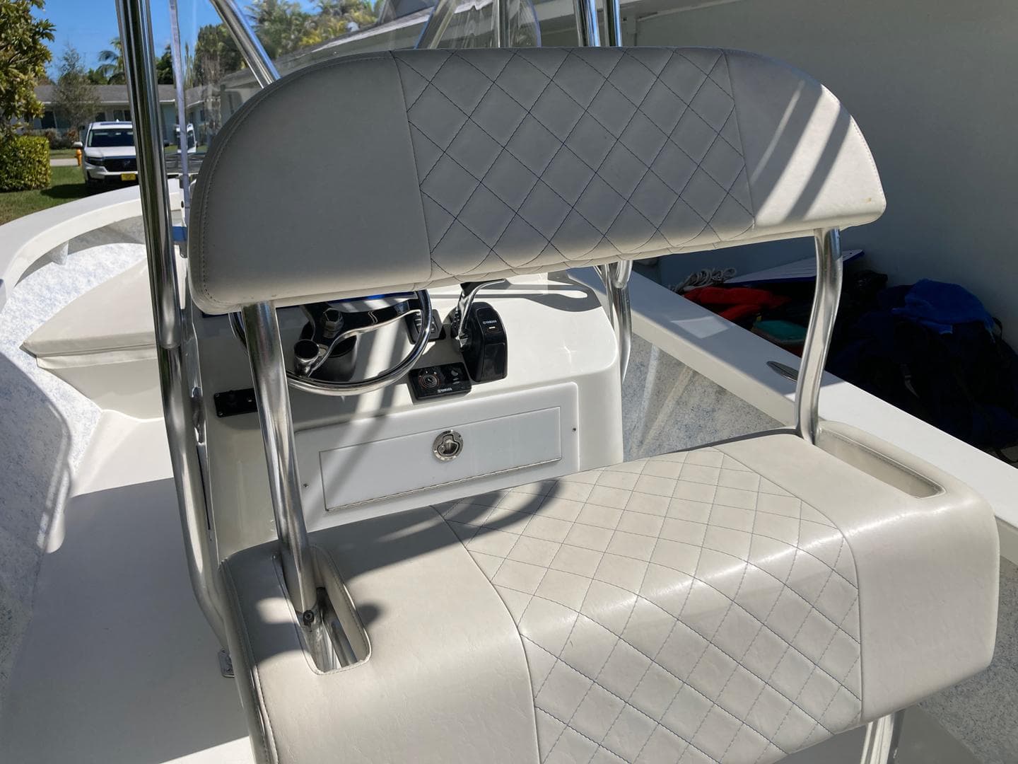 1972 Cuda Craft 21 boat interior with diamond-stitched seating and steering console.