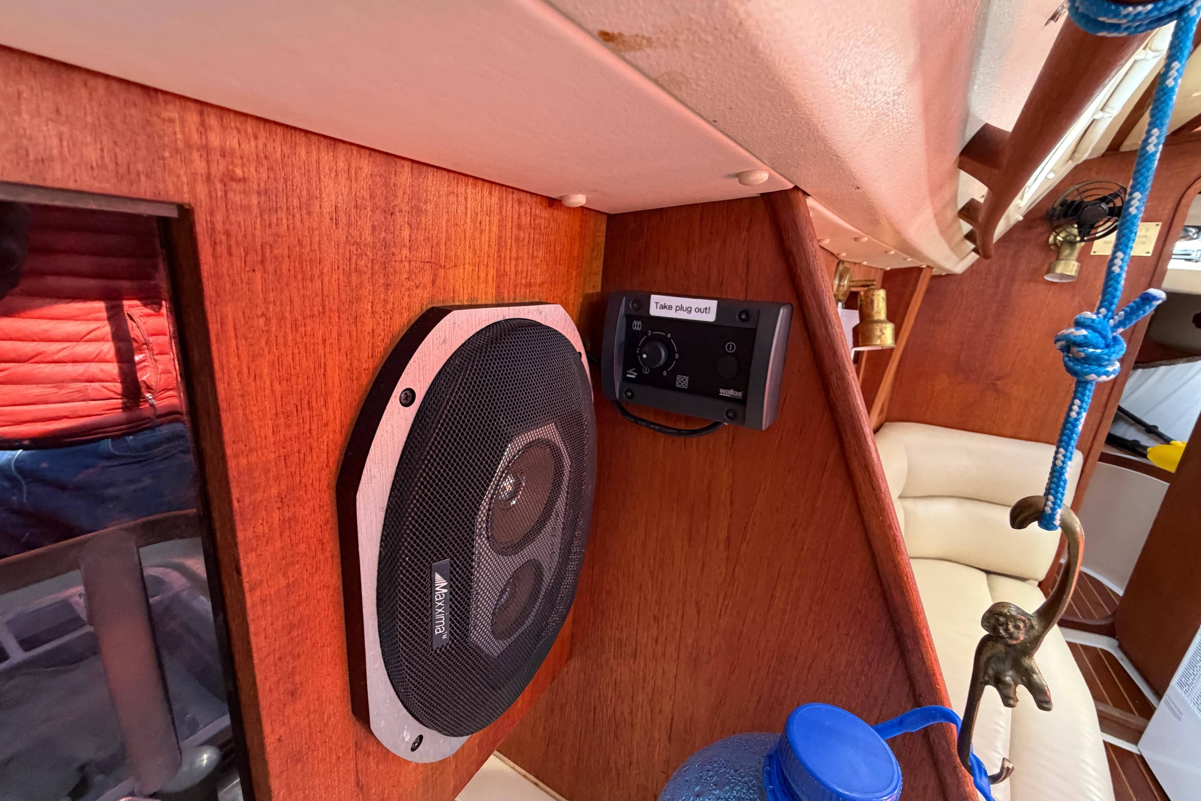 Interior of 1988 CS 36 Merlin sailboat with speaker and control panel.