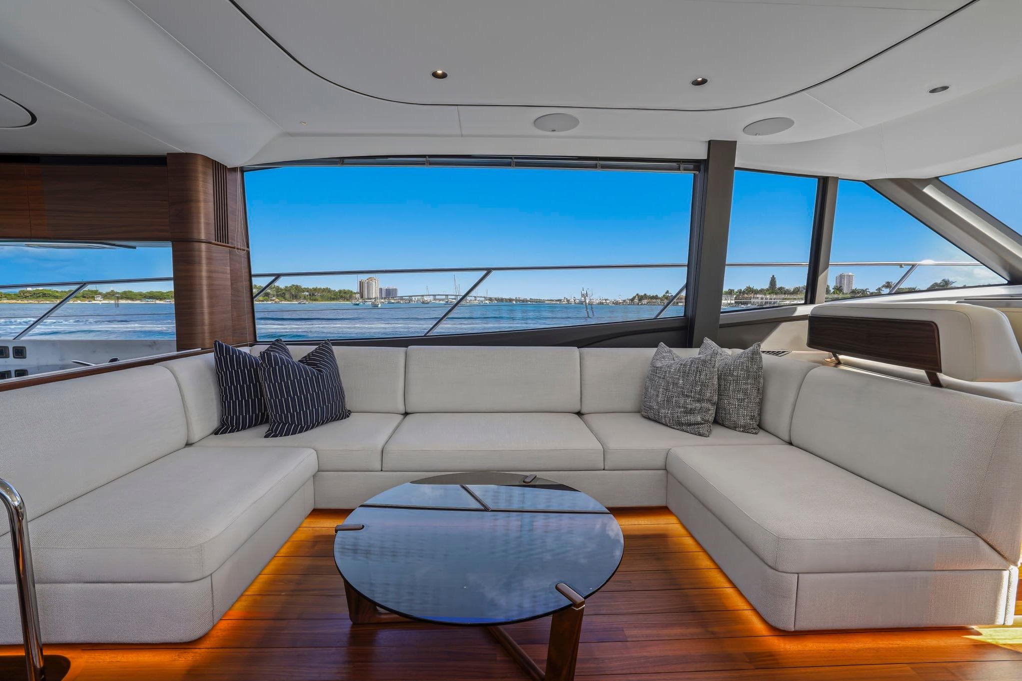 Luxurious interior of 2026 Princess F65 yacht with elegant seating and ocean view.
