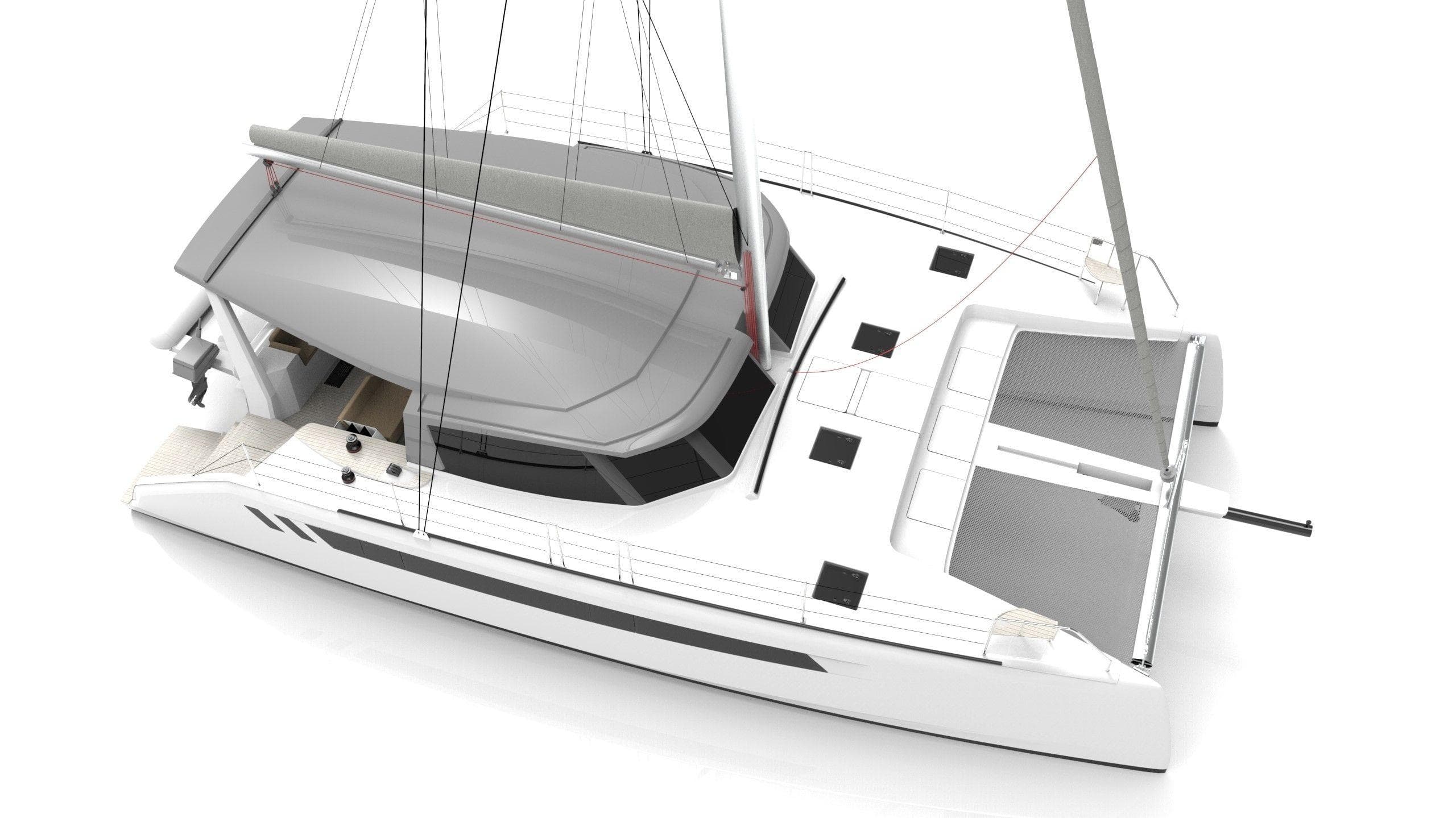 Seawind 1370 catamaran 2027, modern design, aerial view.