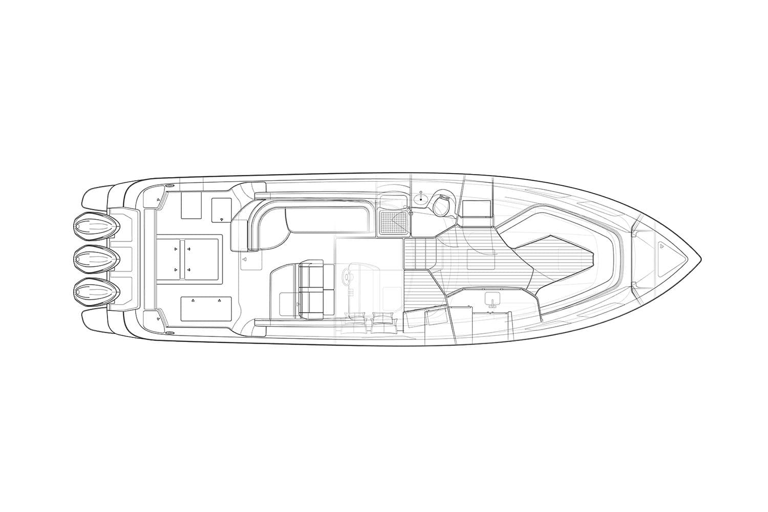 Manufacturer Provided Image: Top view blueprint of 2023 Intrepid 438 Evolution boat layout.
