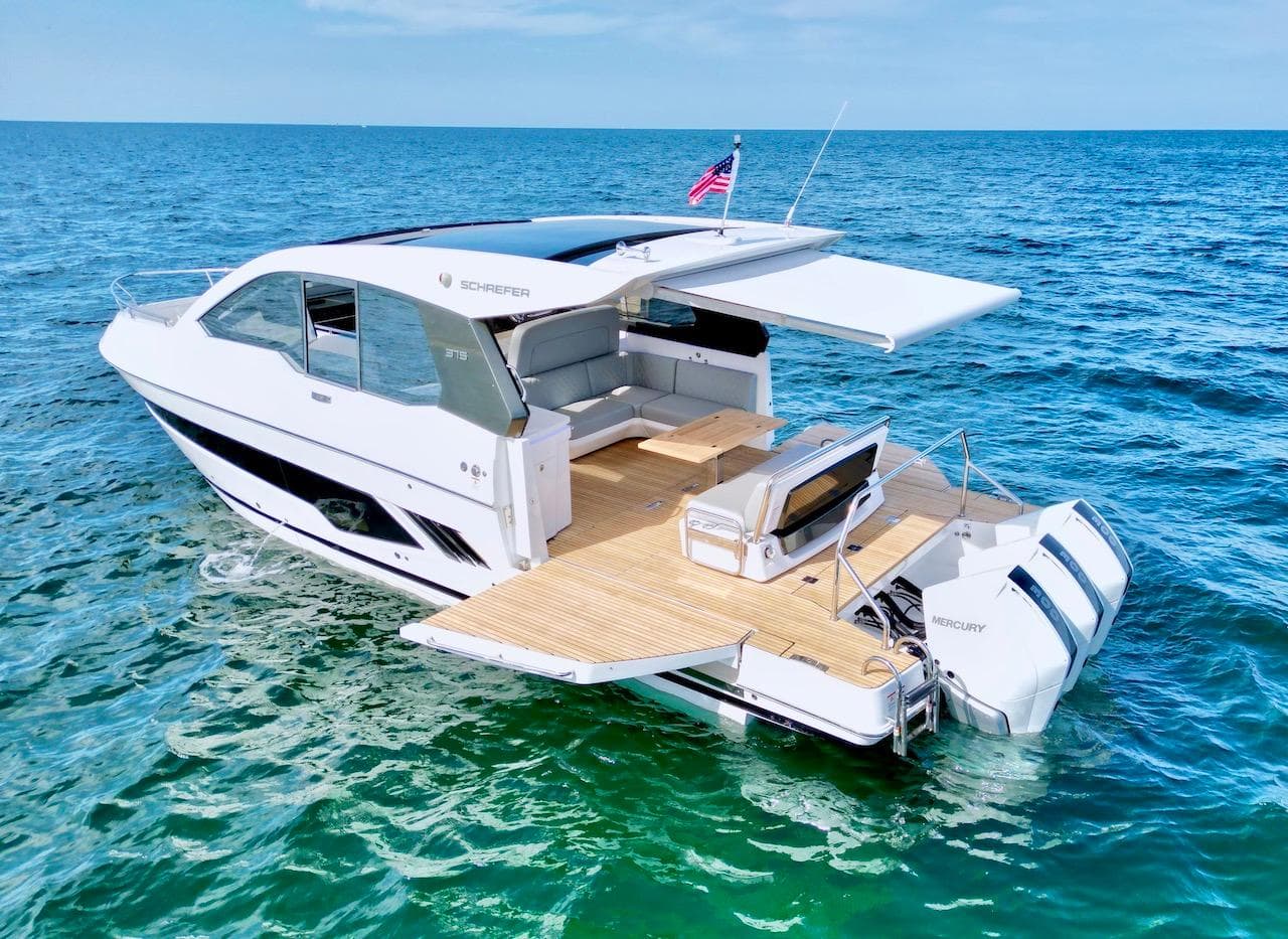 Luxurious Schaefer 380 yacht 2027 on open sea.