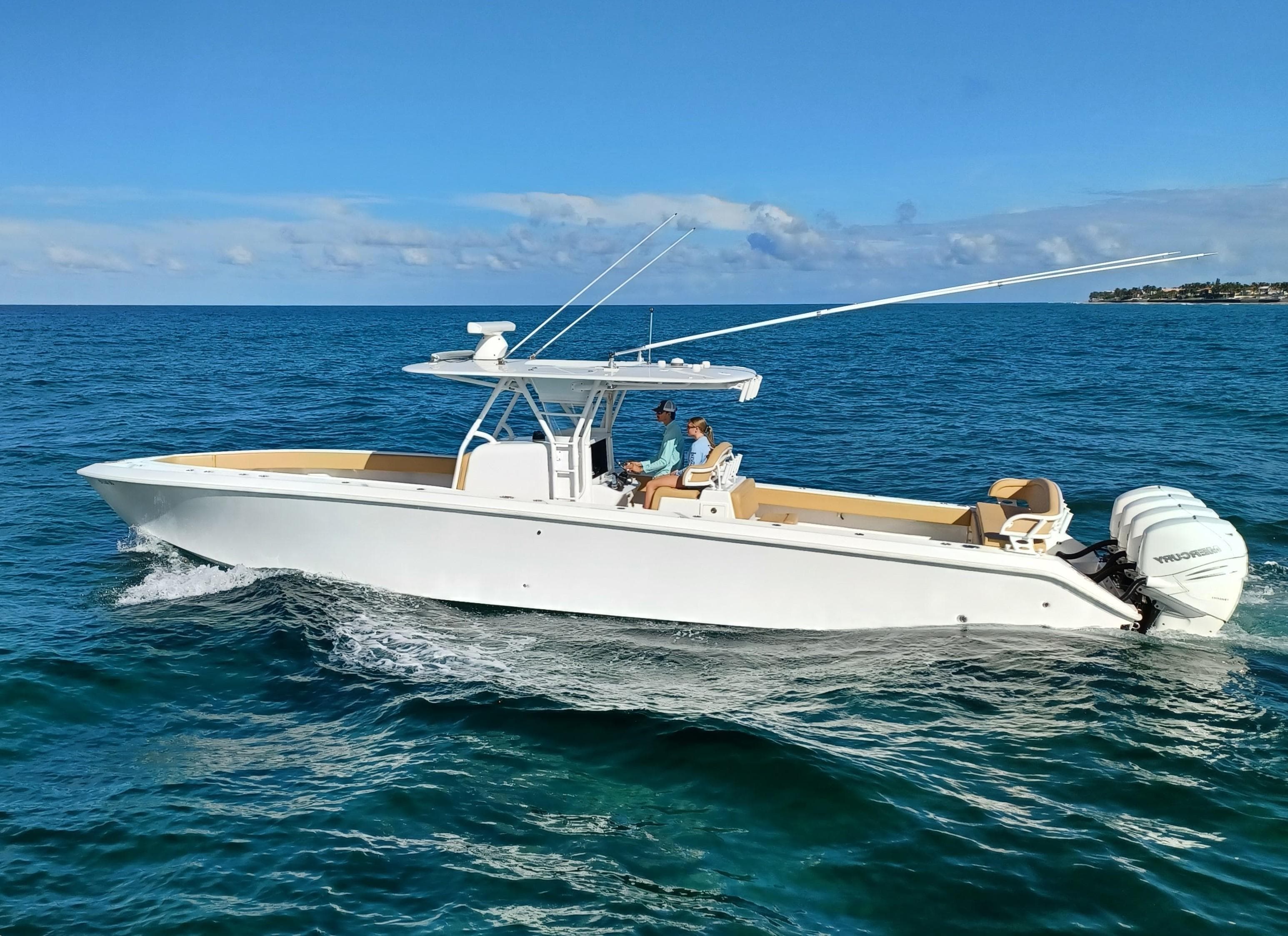 2020 Bahama 41 Open Fisherman boat cruising on the ocean.
