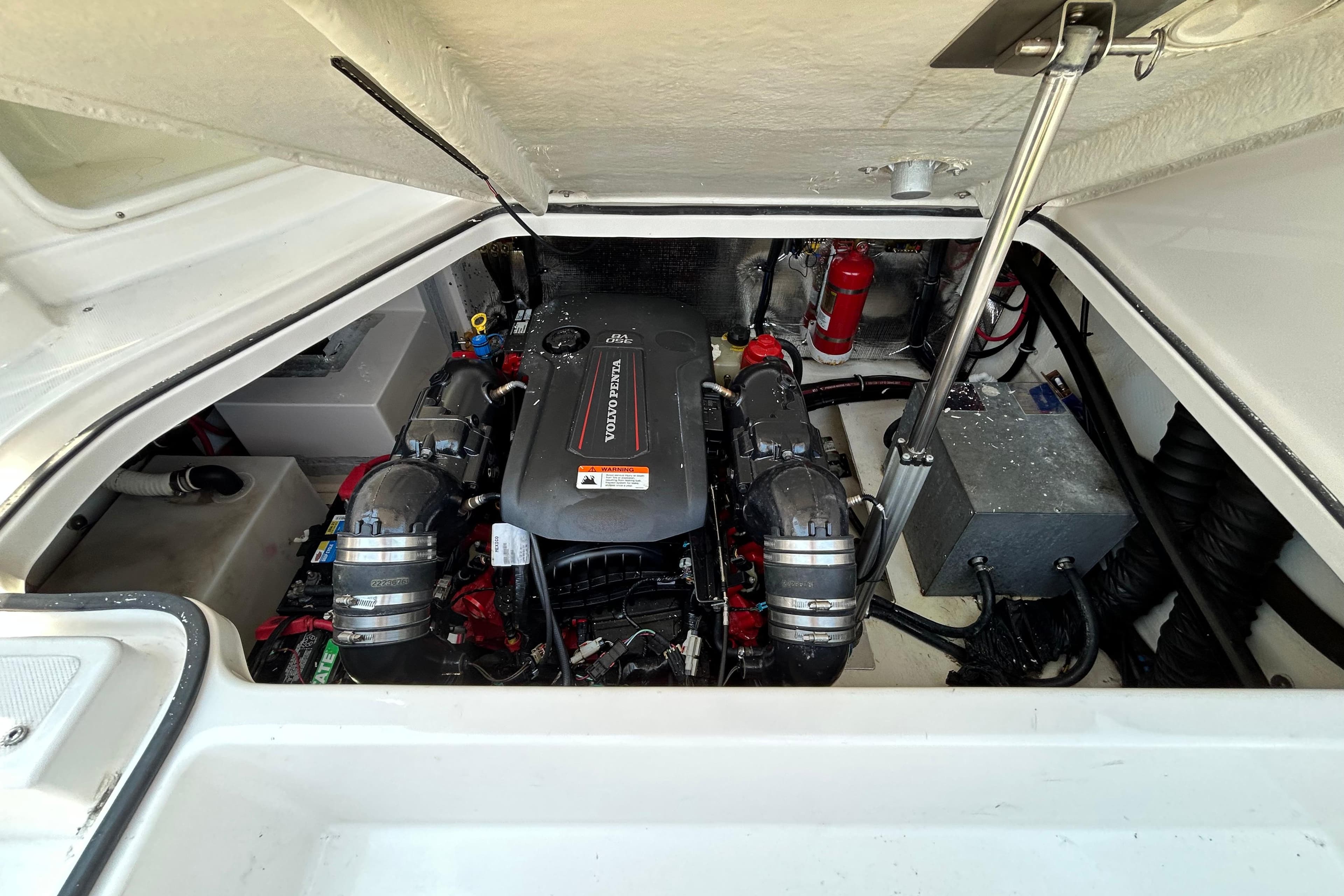 Engine compartment of a 2017 Regal 28 Express boat with Volvo Penta engine.