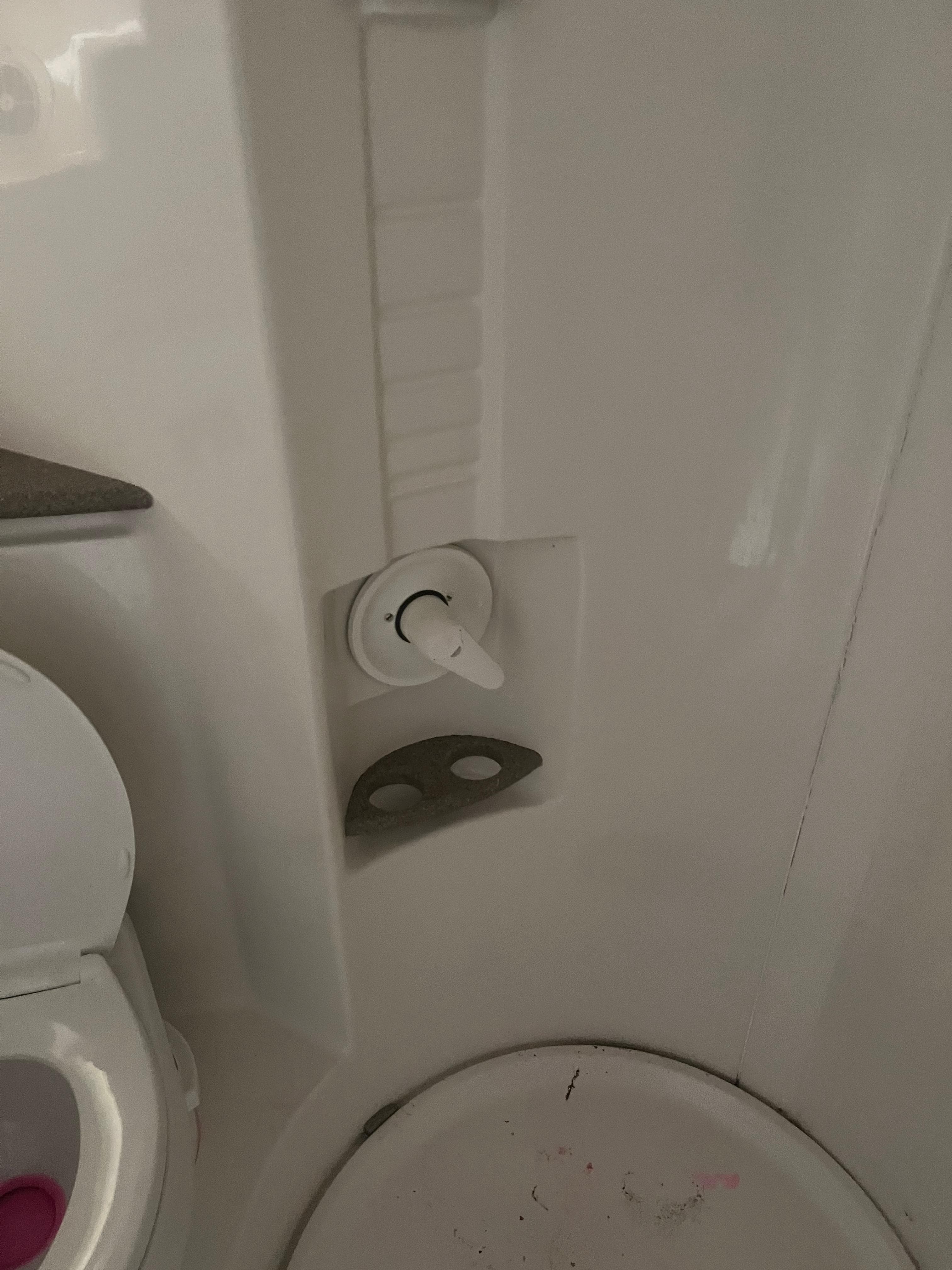 1998 Formula 41PC bathroom with shower controls and toilet.