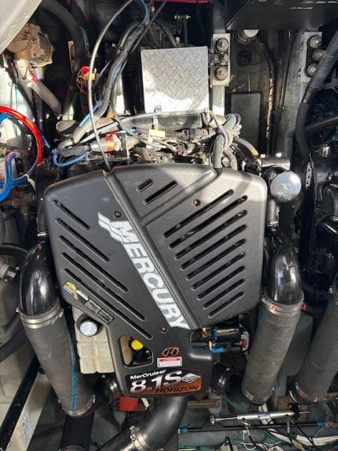 Engine compartment of a 2003 Sea Ray 340 Sundancer with Mercury 8.1S motor.