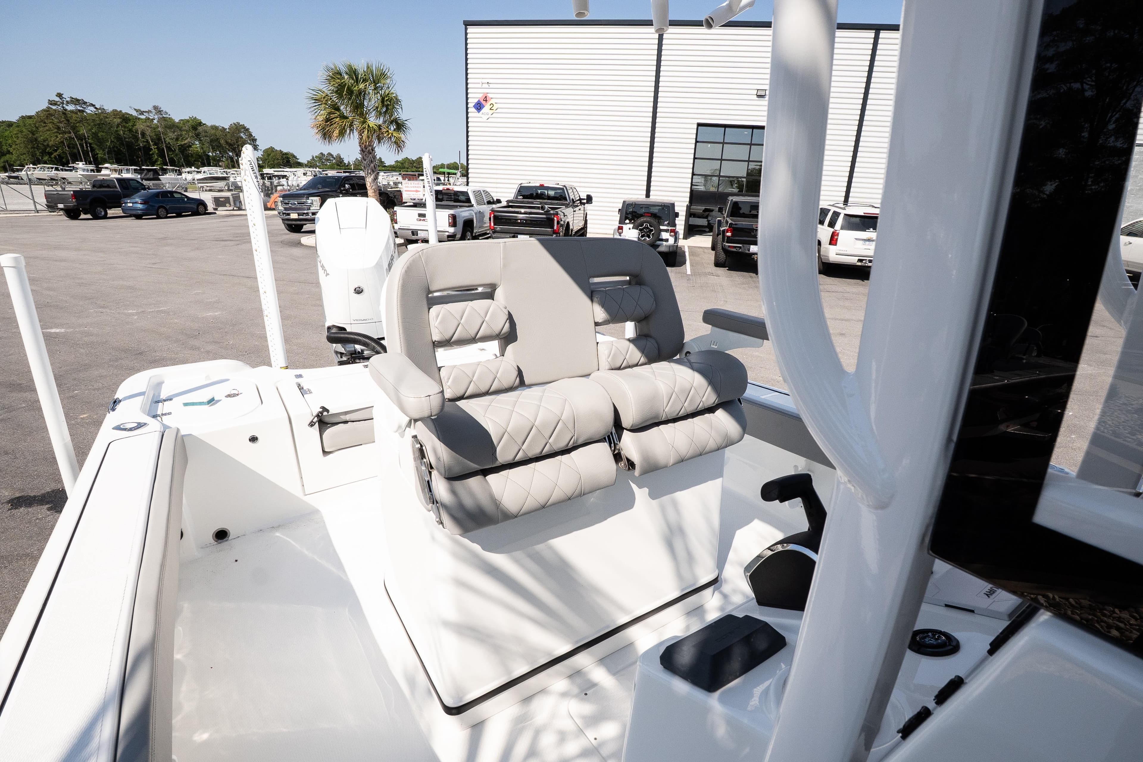 2026 Blazer Bay Makaira 2600 boat interior with cushioned seating and modern design.