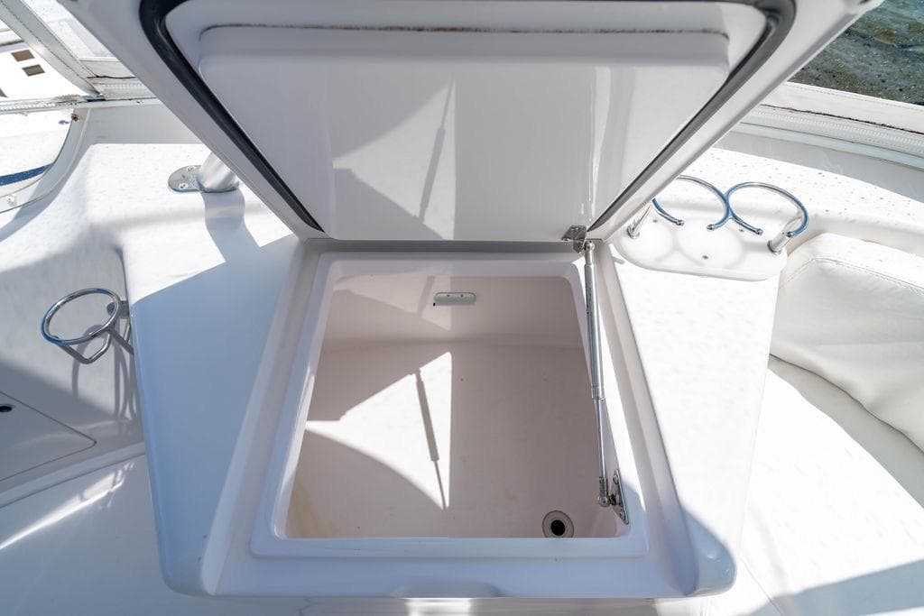 Open storage compartment on 2006 Viking 56 Convertible yacht deck.