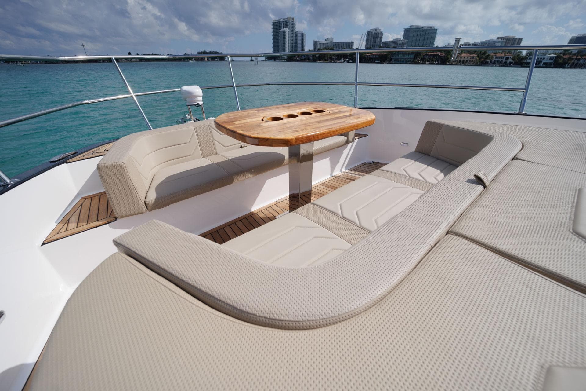 Luxurious seating area on 2026 Hanover 447 yacht with ocean view.
