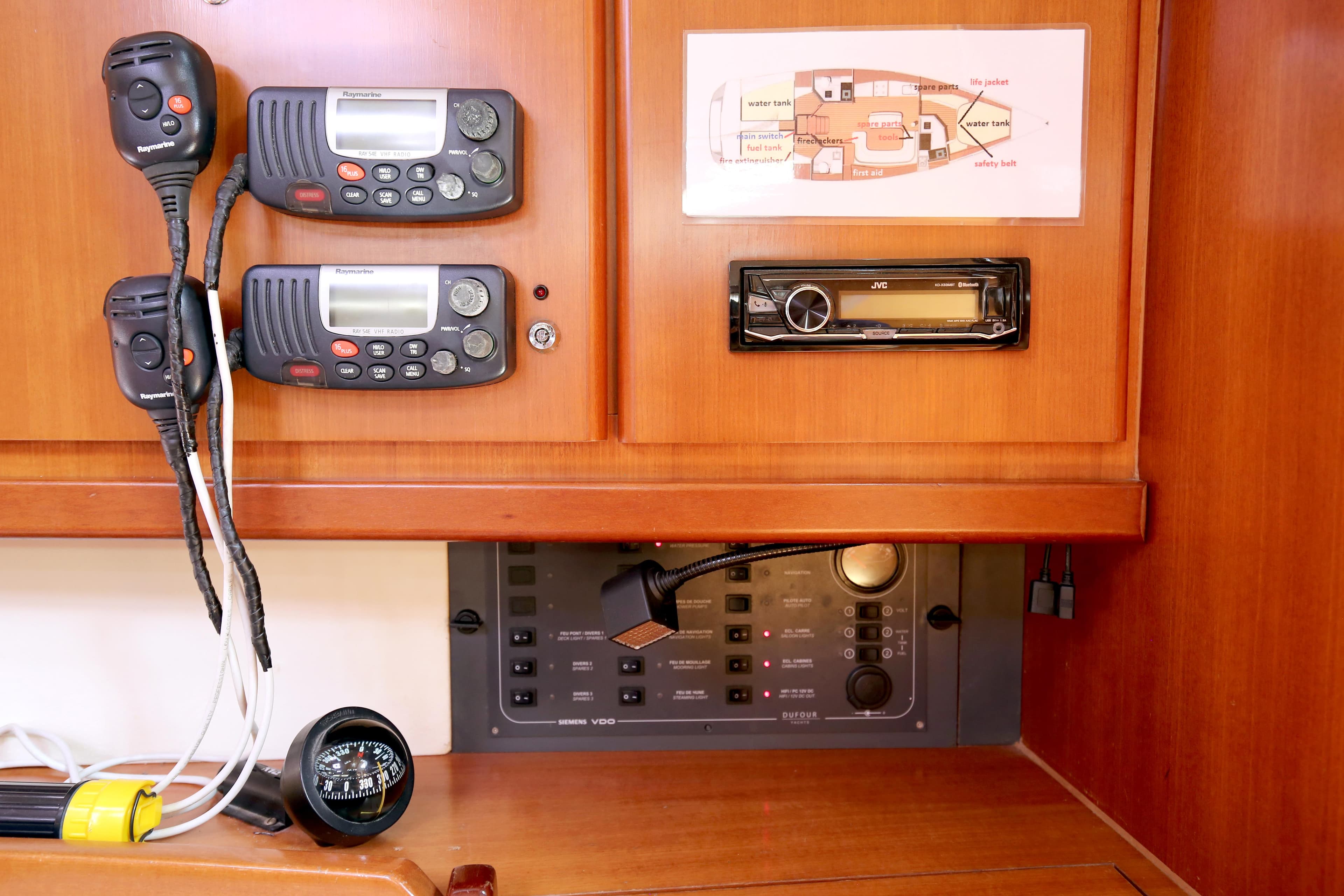 Control panel of 2007 Dufour 425 Grand Large yacht with radios and navigation equipment.