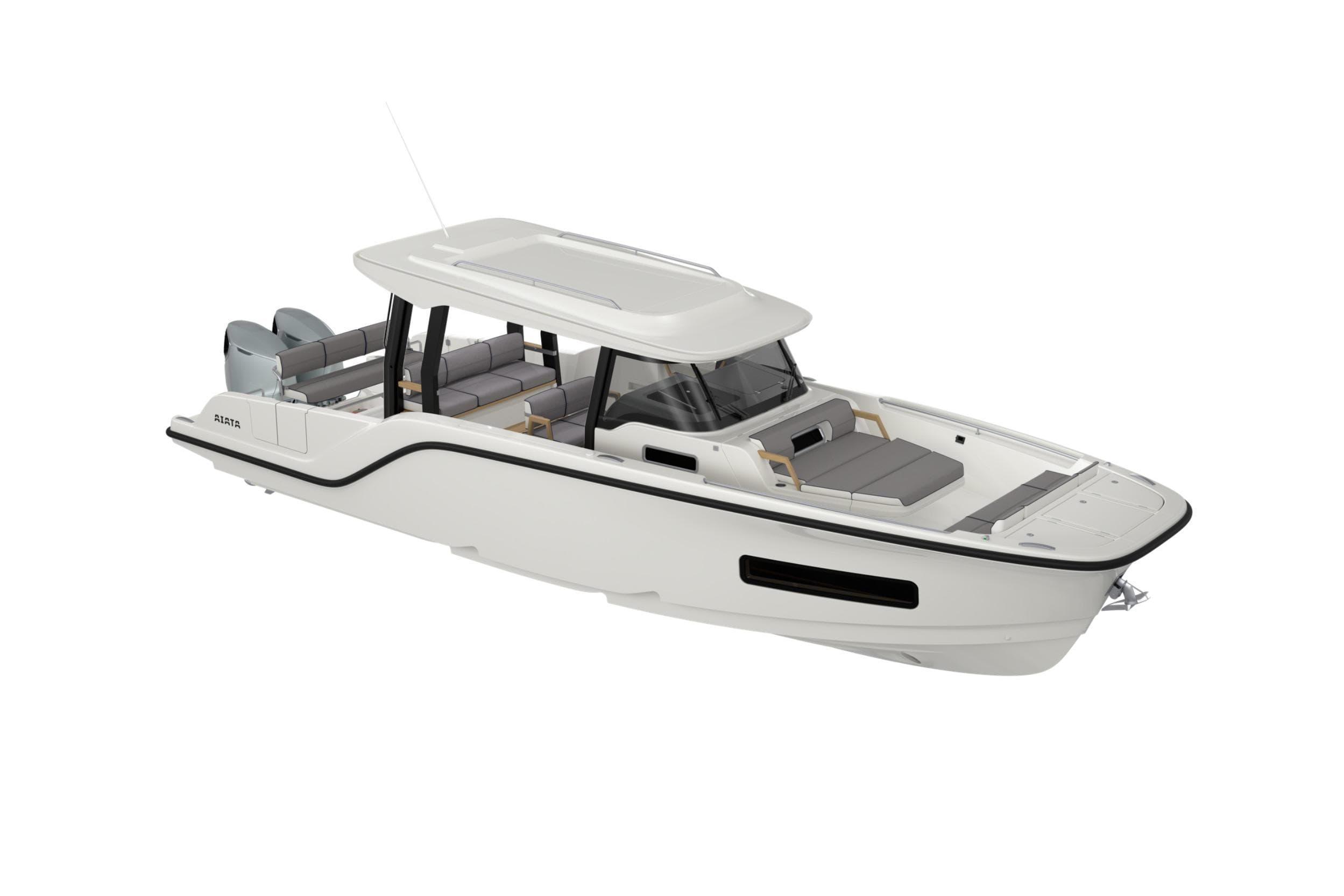 2026 Aiata Wayfinder 38 Suntop boat with sleek design and spacious seating.