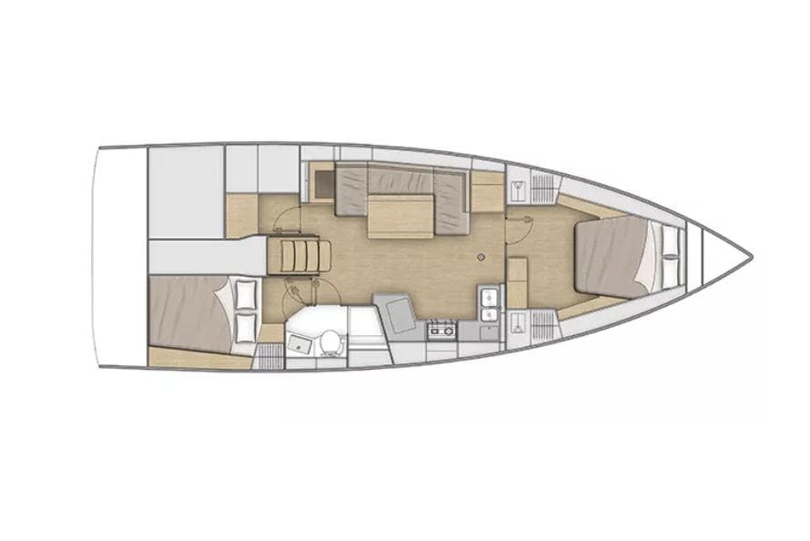 Manufacturer Provided Image: Floor plan of 2026 Beneteau Oceanis 40.1 sailboat, featuring cabins and living areas.