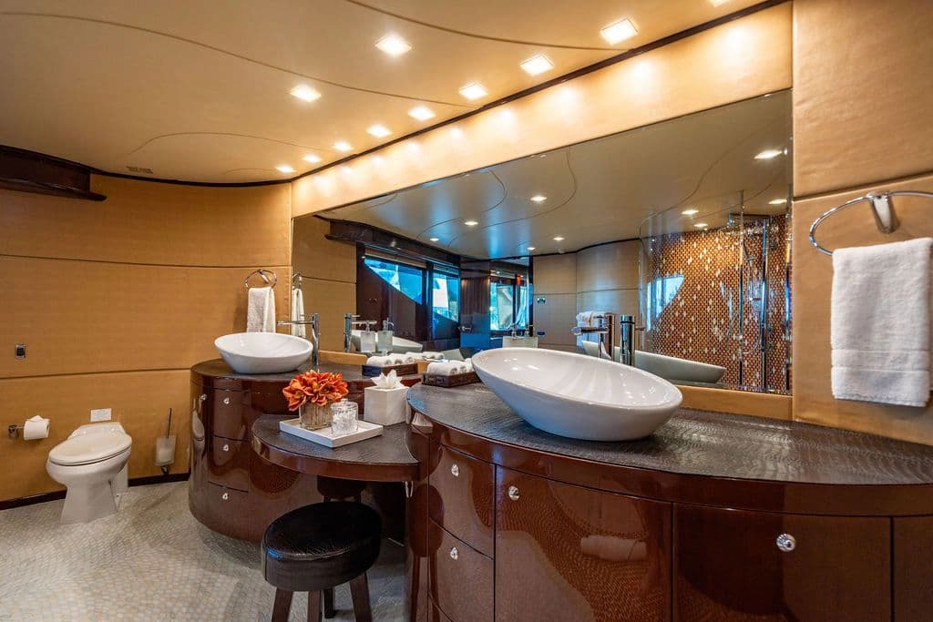 Luxurious bathroom on Hargrave Trideck yacht, year 2011.