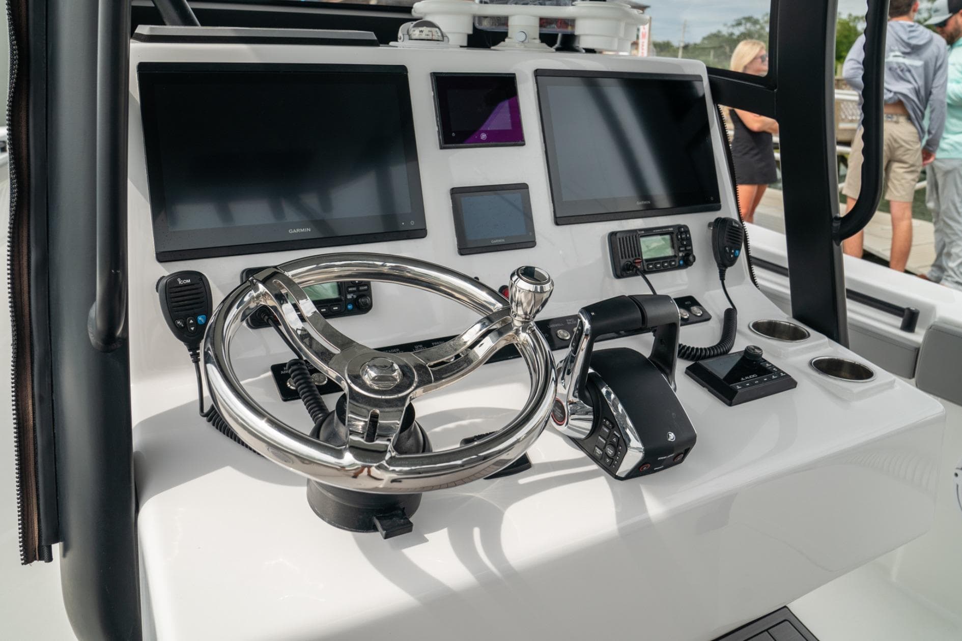 2026 Front Runner 33' Center Console boat dashboard with modern controls and displays.
