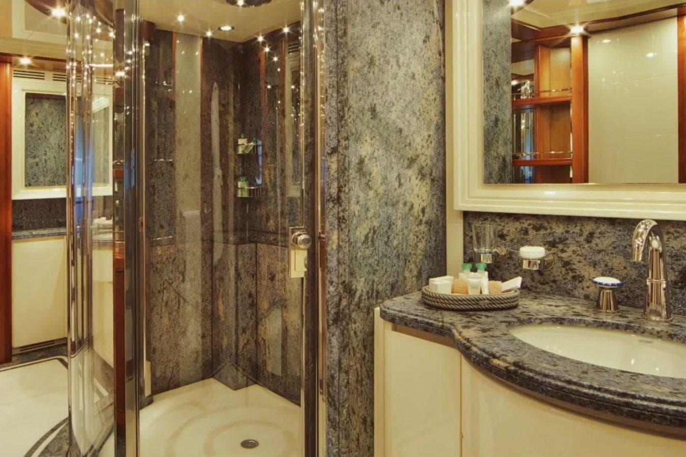 Luxurious yacht bathroom with marble shower and vanity, CRN 128 model, 2007.